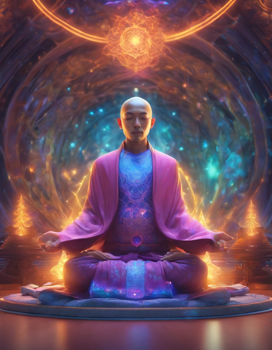 Monk meditating in front of iridescent aura background, Mandala style, ArtGerm, uhd image, gongbi, visual harmony, Mystical mechanism, queencore