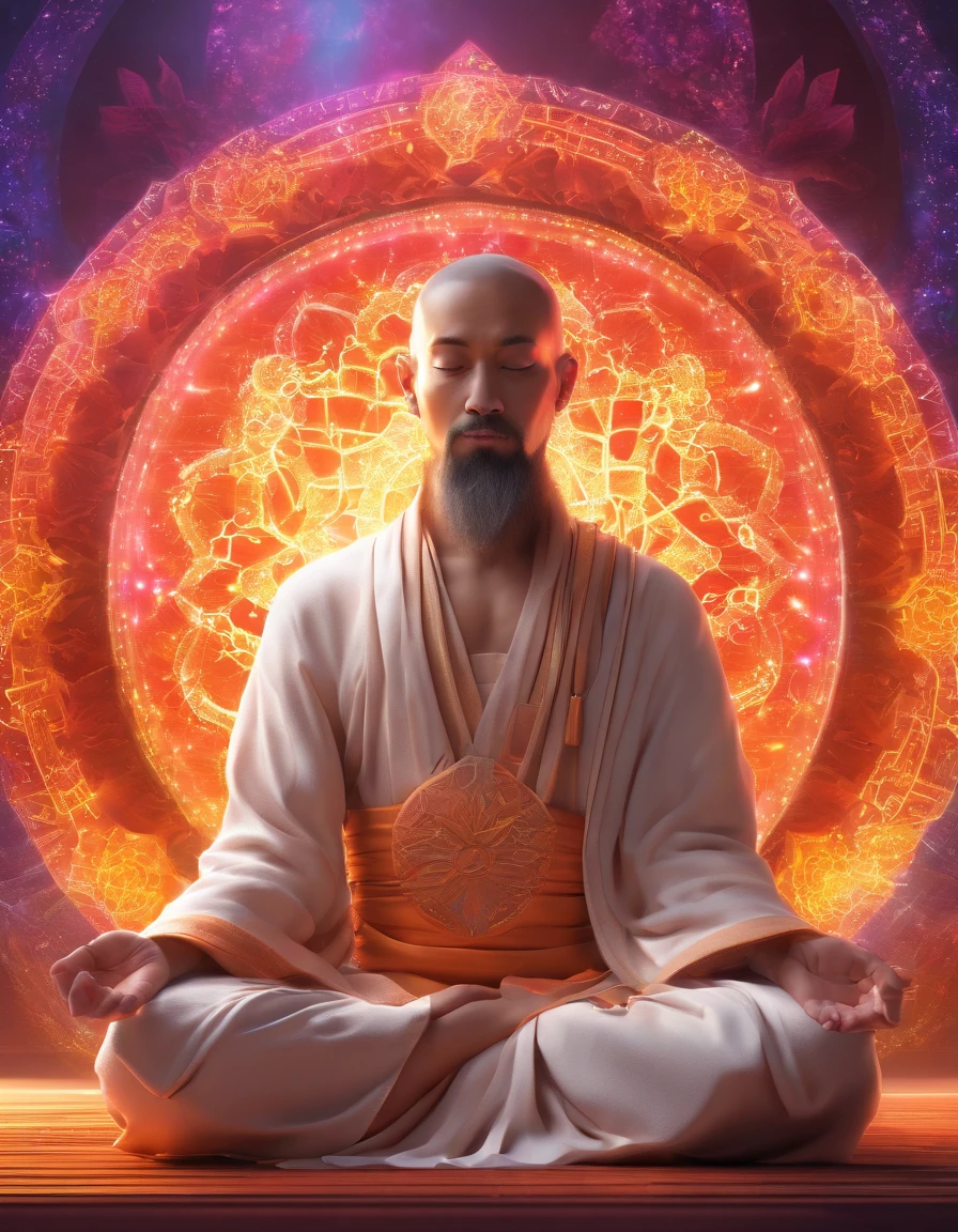 Monk meditating in front of iridescent aura background, Mandala style, ArtGerm, uhd image, gongbi, visual harmony, Mystical mechanism, queencore