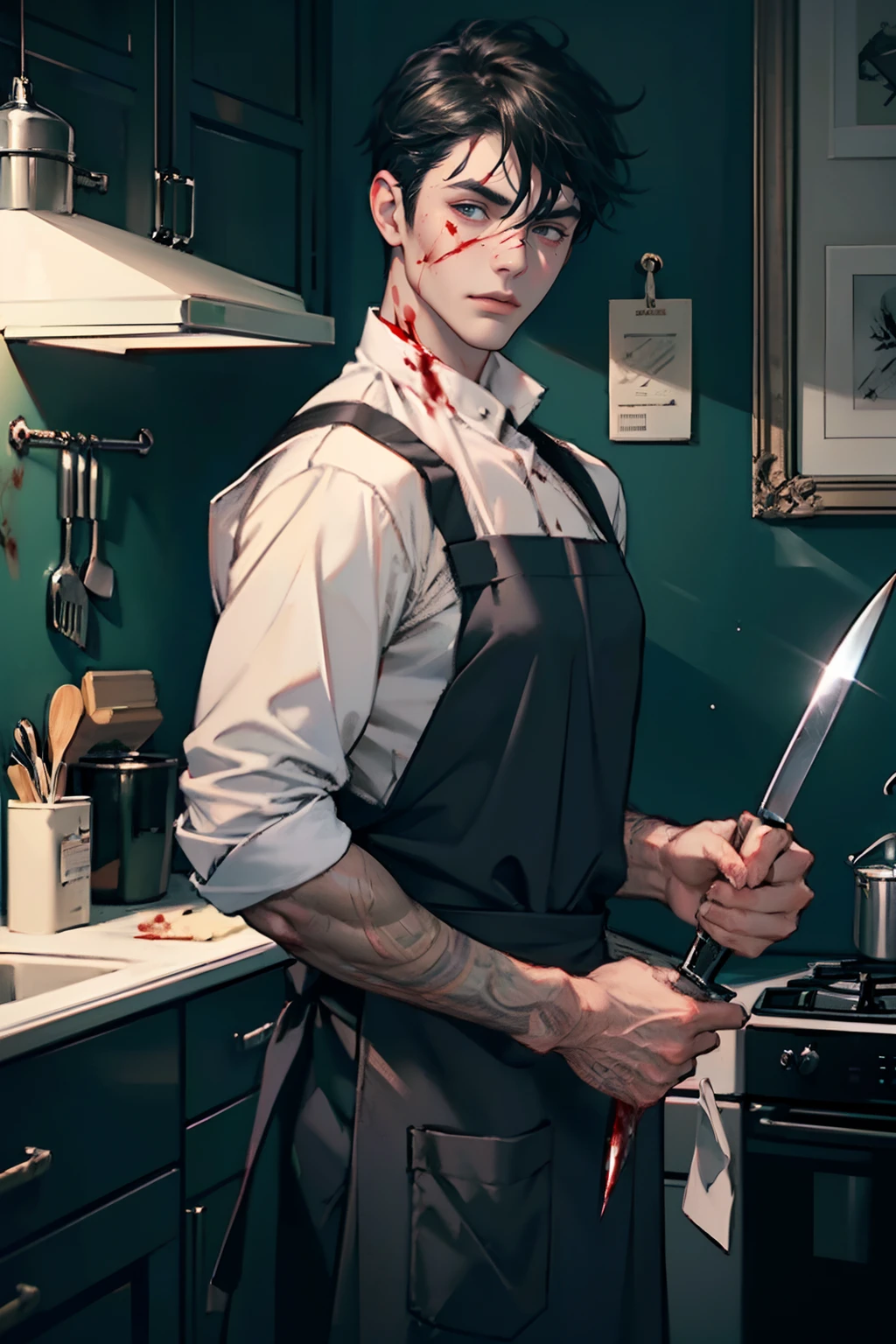 1 boy,perfect male body,look at the camera, (Wearing apron, holding a kitchen knife, with blood on his clothes and face, half closed eyes,dark room),in kitchen,portrait,dramatic shadow,Ray tracing, Best quality, Cinematic lighting, Extremely detailed CG, 8K wallpaper,Complicated