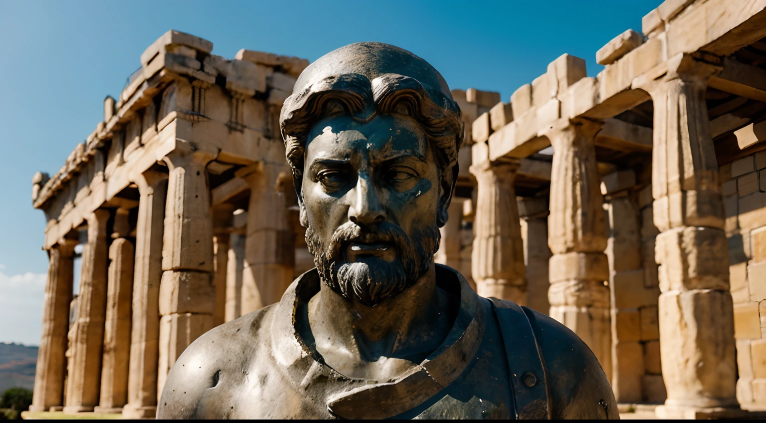 Ancient Stoic Statue With Very Angry Expression, tem barba, muitos detalhes em ambos os olhos, Outside, fundo atenas grego, open sky, com rosto extremamente detalhado full body view, Colors with low saturation with dark tone, Filmado em Sony A7S III com Sony FE 35mm f/1.8, 12.1 MP, --AR 3:2 --estilo cru