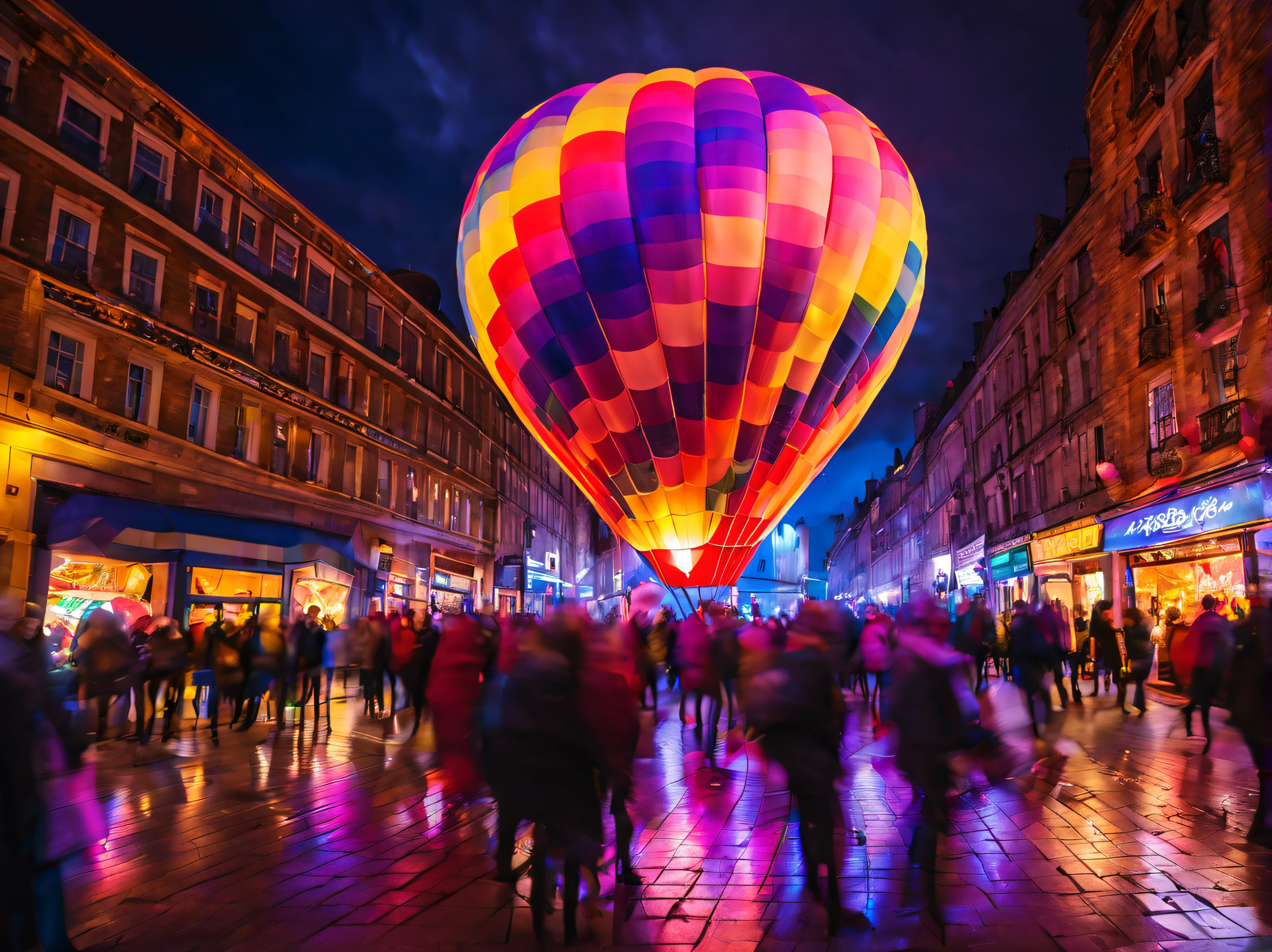 a multicoloured neon lit silk hot air balloon is taking off from a panoramic central city plaza at night, colourful reflections on the wet floor, purple storm clouds, an audience watching in the distance, neon lit shops, burner flames lighting up the inside of the balloon