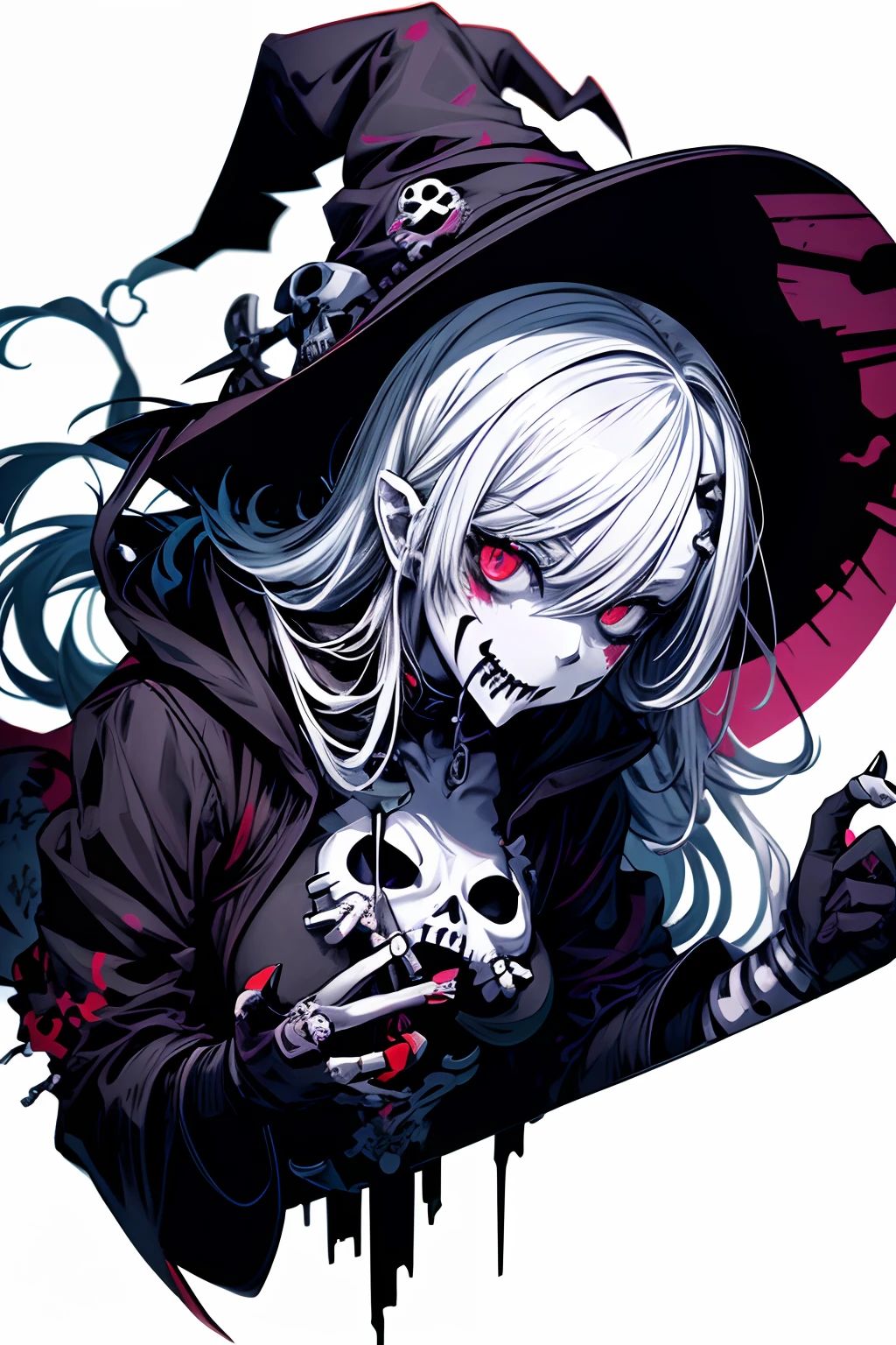 anime zombie witch design, crossbones, skulls, street wear design, pro vector, Horror style, full design, 6 colors only, solid colors, no shadows, full design, sticker, bright colors, white background.