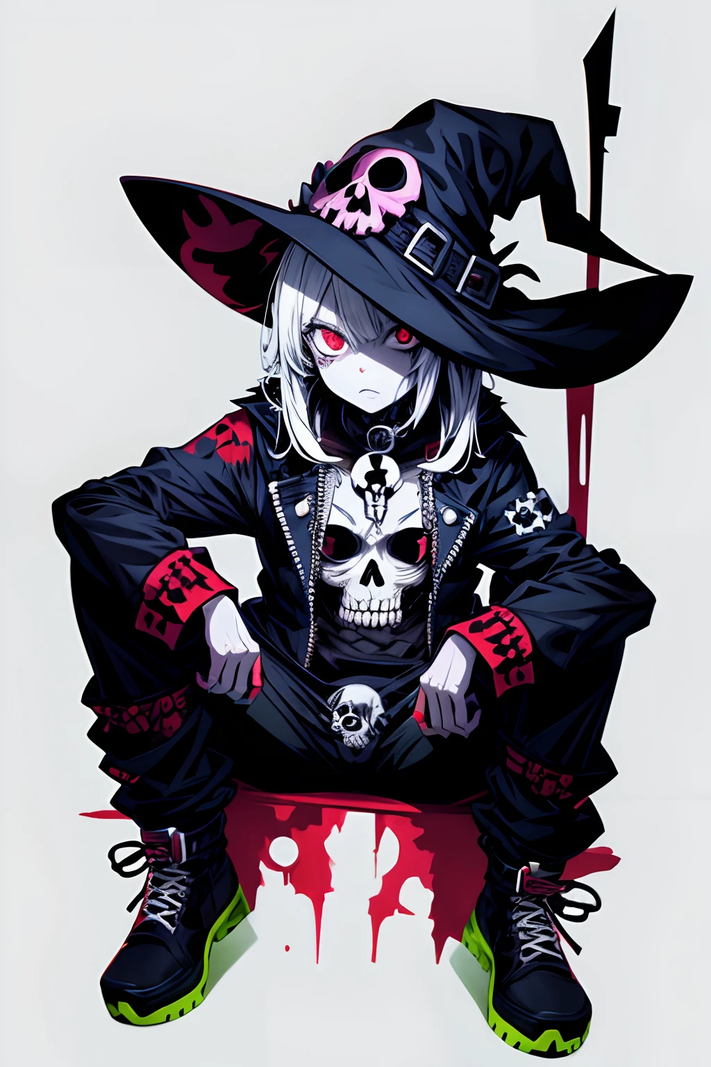anime zombie witch design, crossbones, skulls, street wear design, pro vector, Horror style, full design, 6 colors only, solid colors, no shadows, full design, sticker, bright colors, white background.