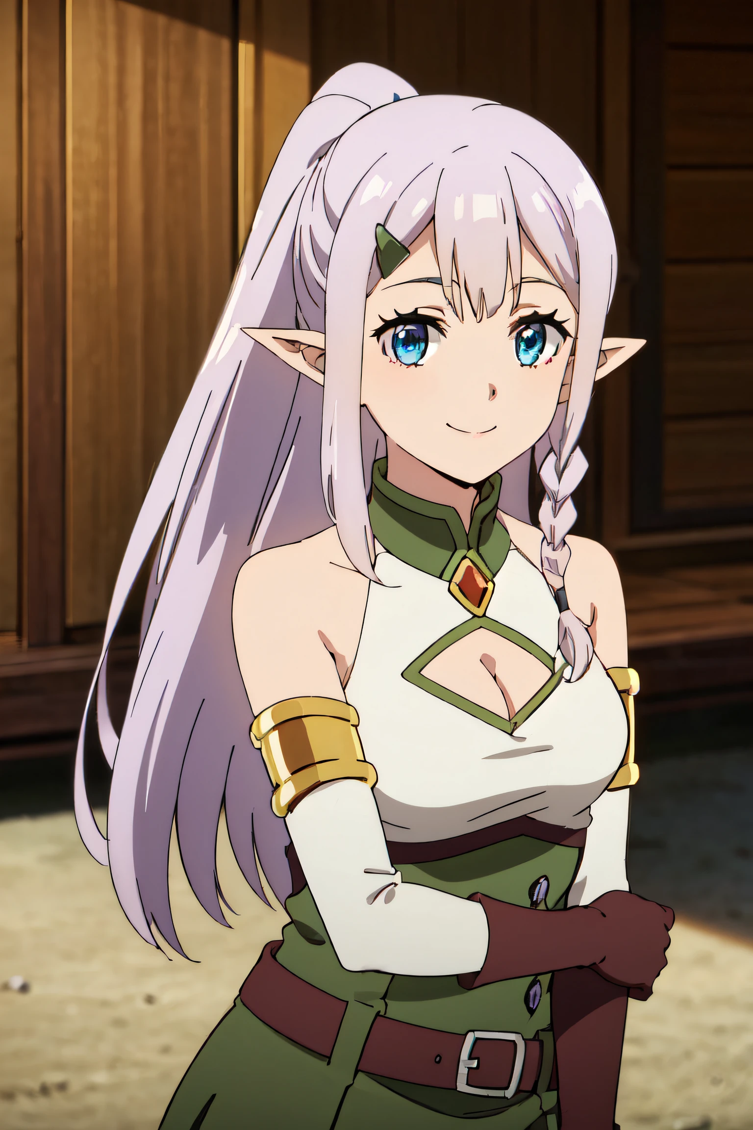 RIA, PURPLE HAIR, LONG HAIR, PONYTAIL, BLUE EYES, POINTY EARS, HAIRCLIP, SIDE BRAID, MEDIUM BREASTS, GREEN DRESS, CLEAVAGE CUTOUT, SLEEVELESS, ELBOW GLOVES, ARMLET, GOLD TRIM, BELT, 1girl, solo, facing viewer, looking at viewer, upper body, smile.