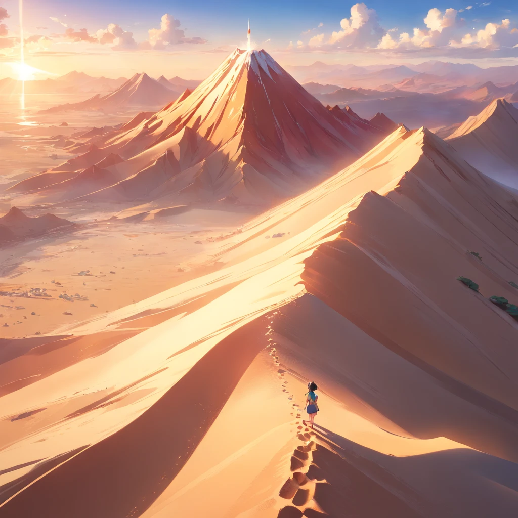 Aerial view of the sand peaks of the vast desert with no end in sight, Torre preta grande no fundo, Grande buraco vermelho no topo da torre, Sand falling from all over the sky, View from top to bottom, Background altamente detalhado，Realistic，ultra-detalhada，Pele super detalhada，brilho da luz，filmgrain，Expro II，lens reflection，sharpen，Cinematic shadow