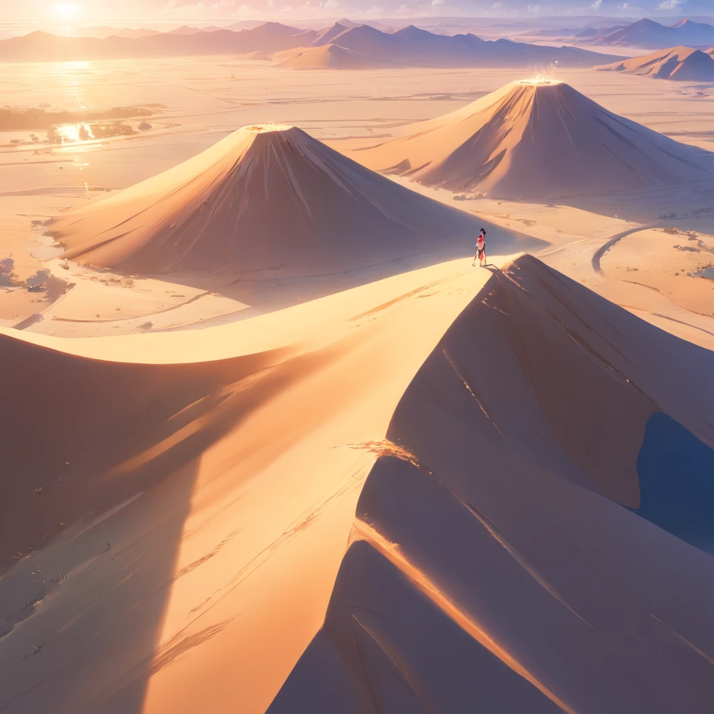 Aerial view of the sand peaks of the vast desert with no end in sight, Torre preta grande no fundo, Grande buraco vermelho no topo da torre, Sand falling from all over the sky, View from top to bottom, Background altamente detalhado，Realistic，ultra-detalhada，Pele super detalhada，brilho da luz，filmgrain，Expro II，lens reflection，sharpen，Cinematic shadow