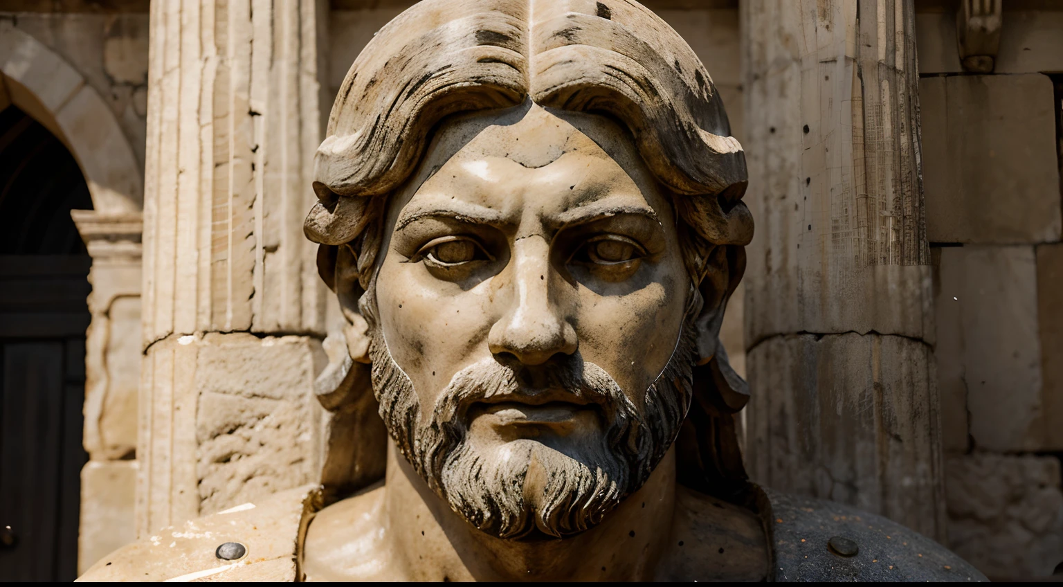 Ancient Stoic Statue With Very Angry Expression, tem barba, muitos detalhes em ambos os olhos, Outside, fundo atenas grego, open sky, com rosto extremamente detalhado full body view, Colors with low saturation with dark tone, Filmado em Sony A7S III com Sony FE 35mm f/1.8, 12.1 MP, --AR 3:2 --estilo cru