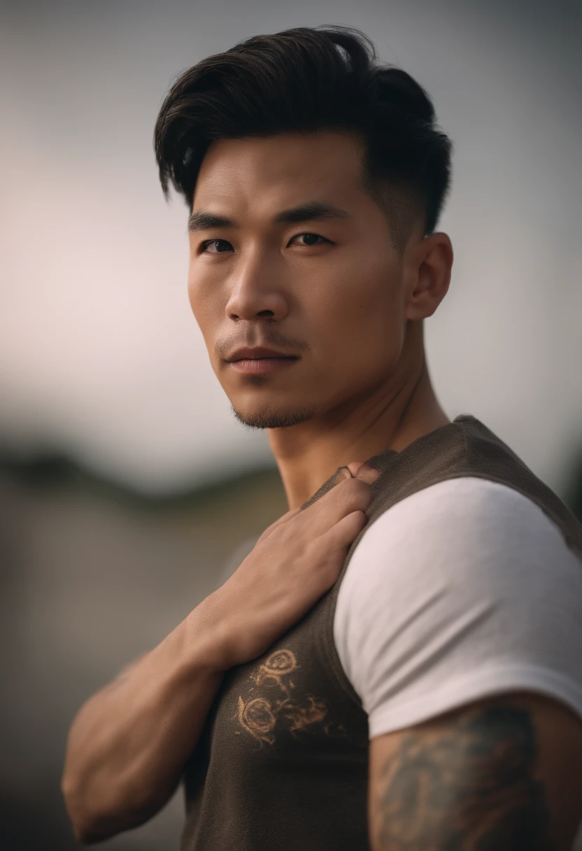 A high-definition, 8K, hyperrealistic portrait of a handsome Chinese man with tattoos, well-defined muscles, exquisite facial features, fully but wearing underwear and sneakers. The background is filled with vibrant and colorful tattoos. Use the style of a post-impressionist painter like Vincent Van Gogh or Paul Gauguin. Include elements of surrealism and hyperrealism.