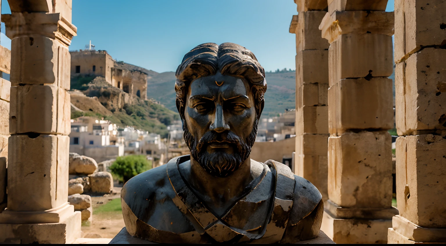 Ancient Stoic Statue With Very Angry Expression, tem barba, muitos detalhes em ambos os olhos, Outside, fundo atenas grego, open sky, com rosto extremamente detalhado full body view, Colors with low saturation with dark tone, Filmado em Sony A7S III com Sony FE 35mm f/1.8, 12.1 MP, --AR 3:2 --estilo cru