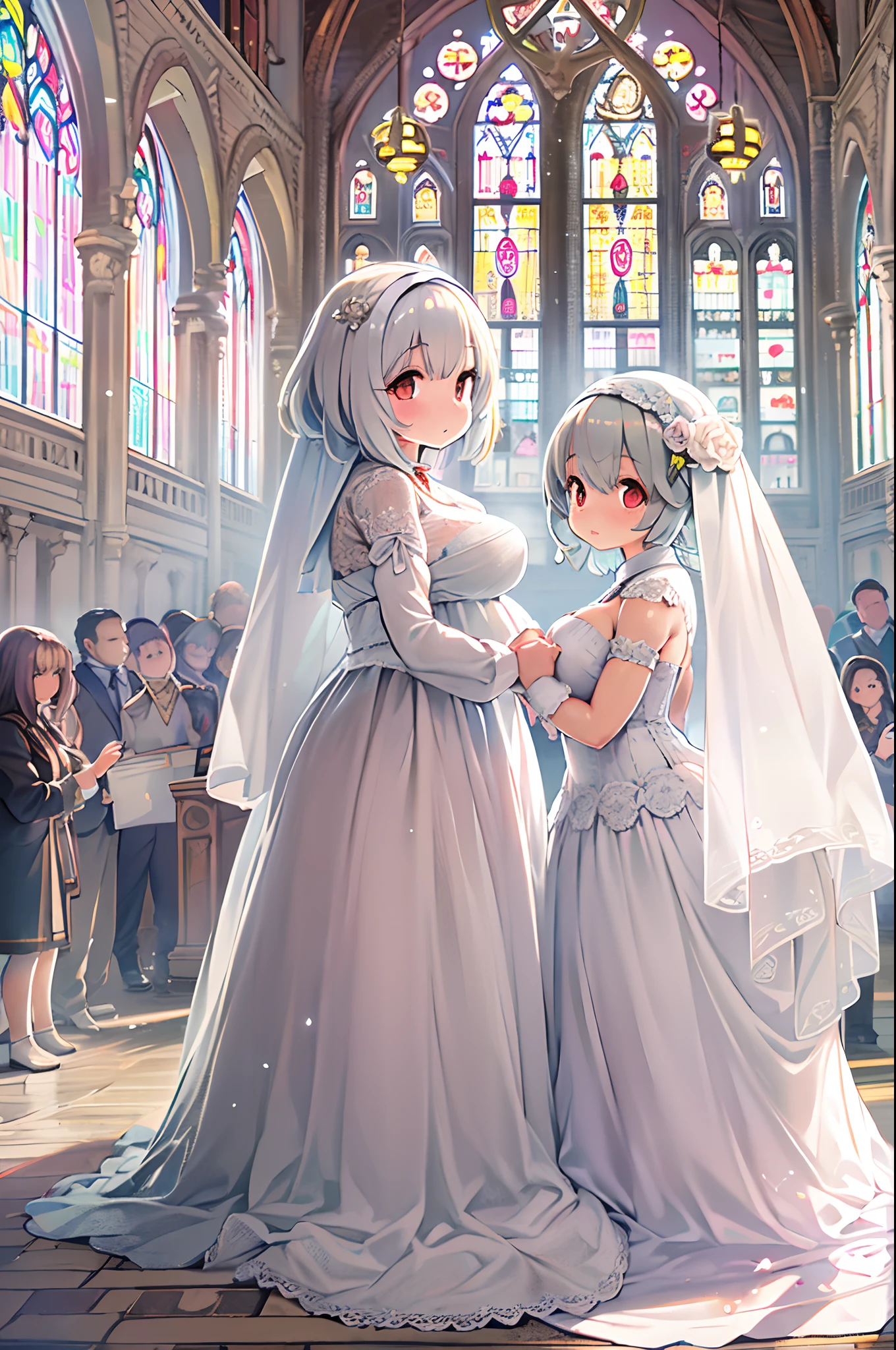 High resolution, Best Quality, masutepiece, Ultra high definition, Ultra high definition, A hyper-realistic,。.3D, Anime, Illustration, In a church、wedding hall、Two women in wedding dresses、2girls,girl1:bbw、adolable,Black hair,Bob-cut hair,Kisses and hugs、stare、weddingdress、Girl 2:adolable,A pink-haired,Long grey hair,Kisses and hugs、stare、weddingdress