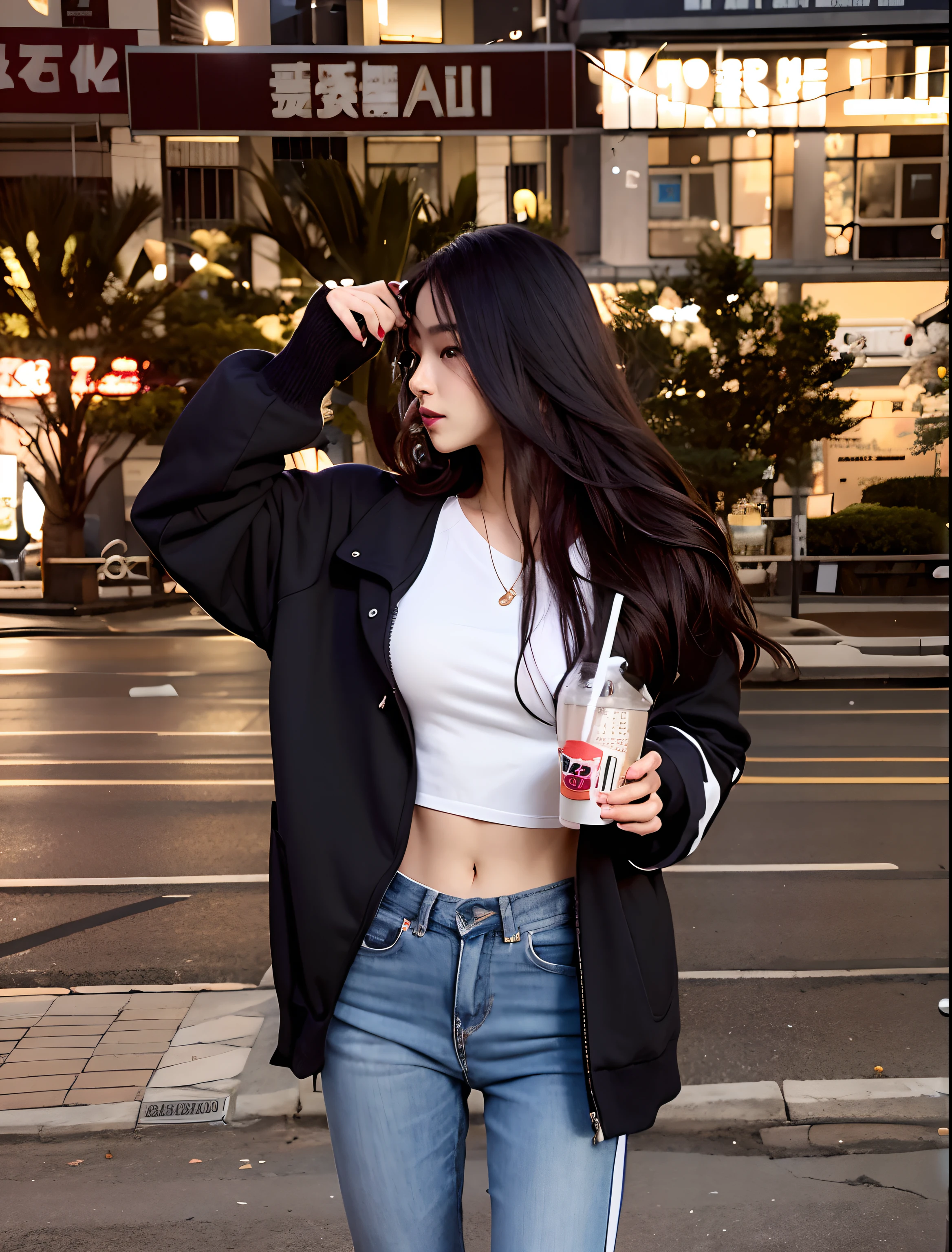 Arakfi woman in a white shirt and black jacket standing on a street corner, ulzzangs, korean women's fashion model, Full body female, wearing jeans and a black hoodie, full body cute young lady, jisoo from blackpink, wearing tight simple clothes, photo of slim girl, Casual clothes, Korean girl, blackpink jennie, Gorgeous lady, 2 4 year old female model