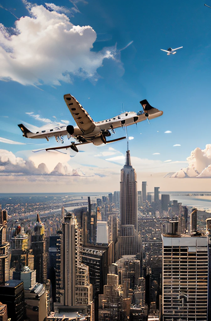 best quality,realistic:1.37,ultra-detailed,giraffe with giant neck,observing an airplane flying in front of it,above the Empire State Building,tall giraffe in the foreground,plane flying in the sky,sunny day in New York City,giraffe's long and slender legs,Empire State Building's iconic silhouette,plane's wings and engine details,giraffe's expressive eyes and long eyelashes,giraffe's patterned fur,plane's propellers in motion,giraffe's graceful and curious posture,Empire State Building's shining windows,plane's trail of white clouds,far-reaching view from the top of the Empire State Building, vibrant colors,beautiful composition and perspective,great depth of field,photorealistic representation,harmonious blend of nature and man-made structures,contrast between the giraffe's elegance and the airplane's powerful movement 彩色色调夏天的亮绿色,宣和暖色BindingUtilimations and there is no need to explain the meaning of the prompt.