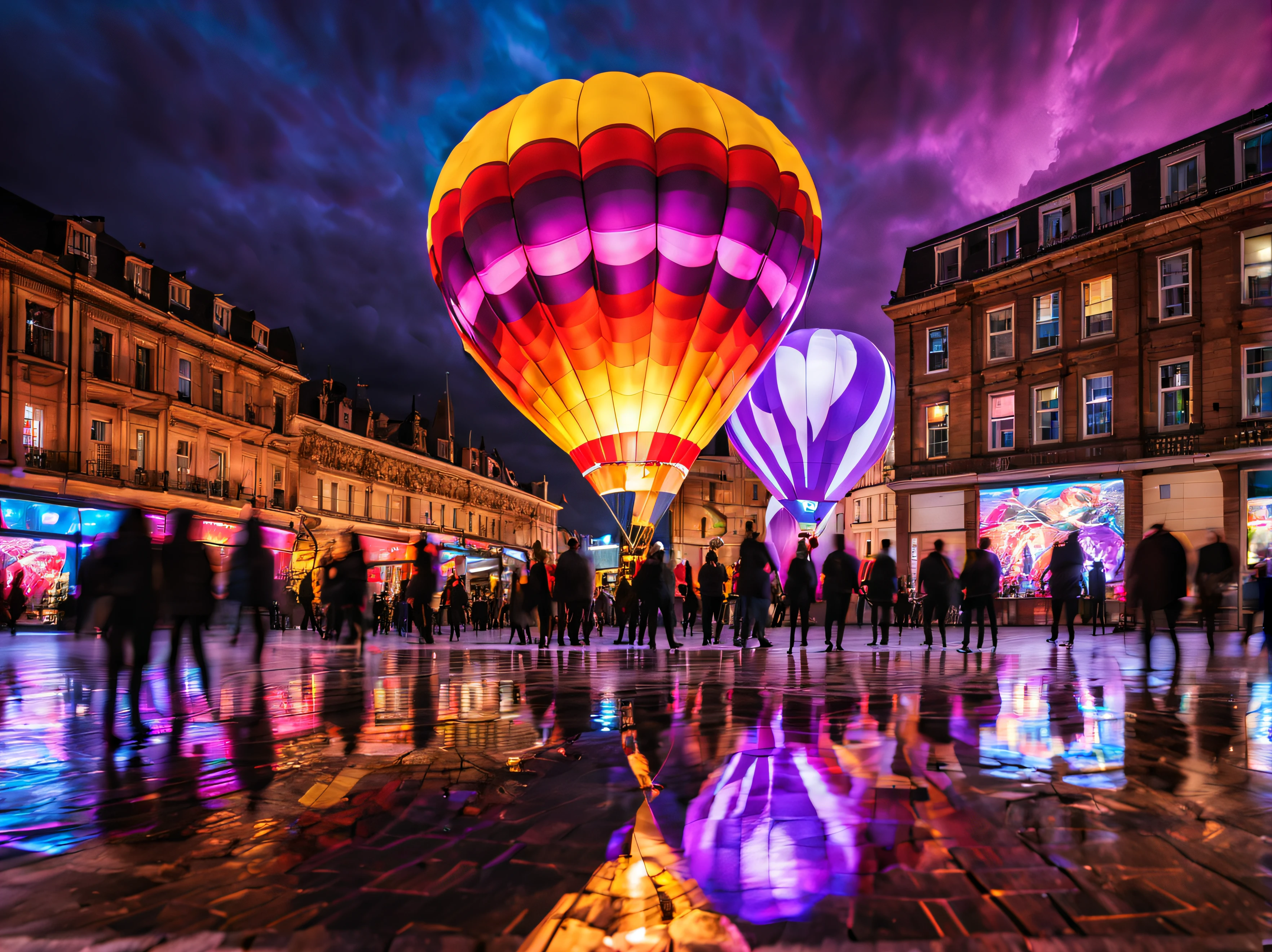 a multicoloured neon lit silk hot air balloon is taking off from a panoramic central city plaza at night, colourful reflections on the wet floor, purple storm clouds, an audience watching in the distance, neon lit shops, burner flames lighting up the inside of the balloon