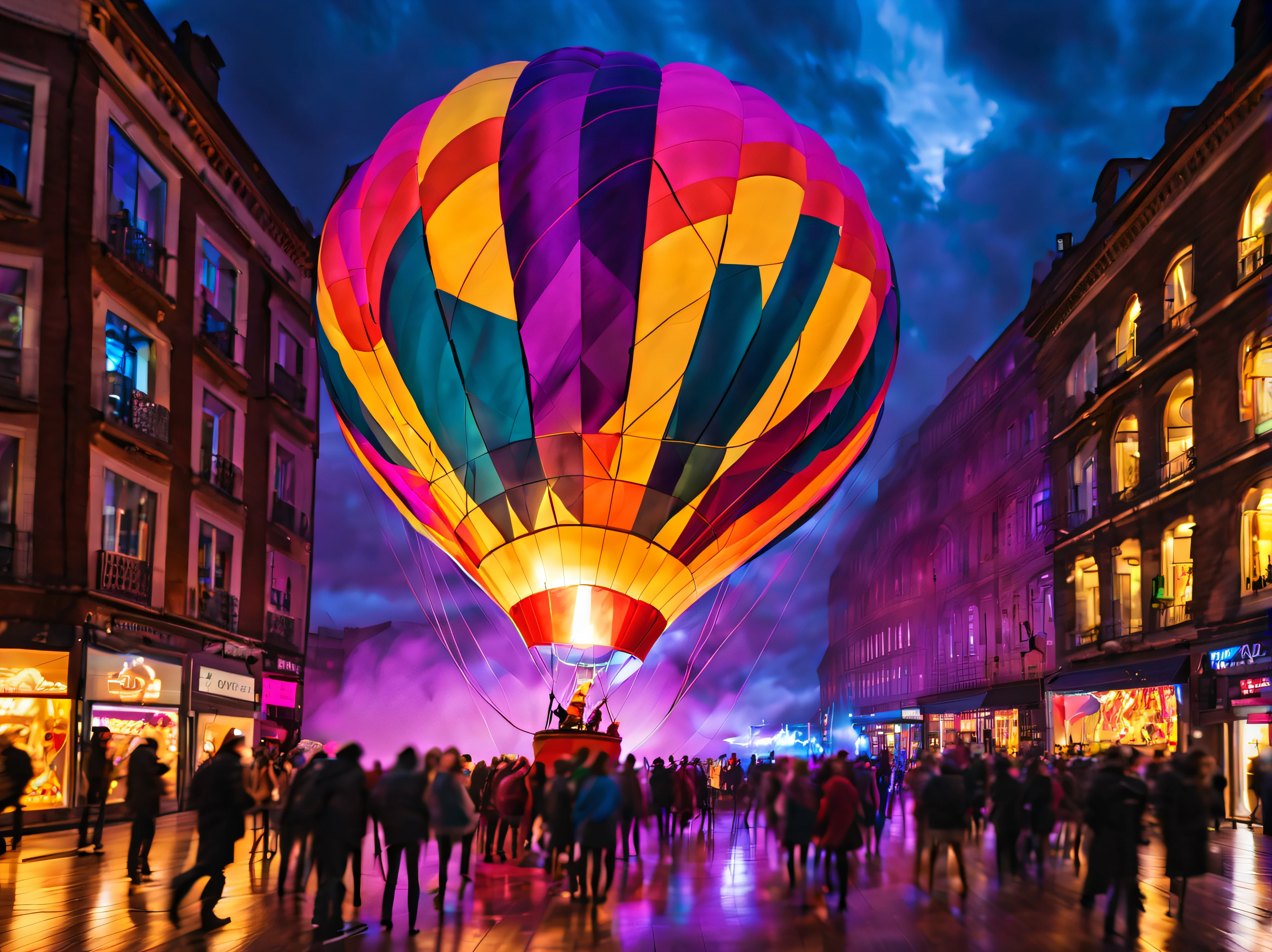 a multicoloured neon lit silk hot air balloon is taking off from a panoramic central city plaza at night, colourful reflections on the wet floor, purple storm clouds, an audience watching in the distance, neon lit shops, burner flames lighting up the inside of the balloon