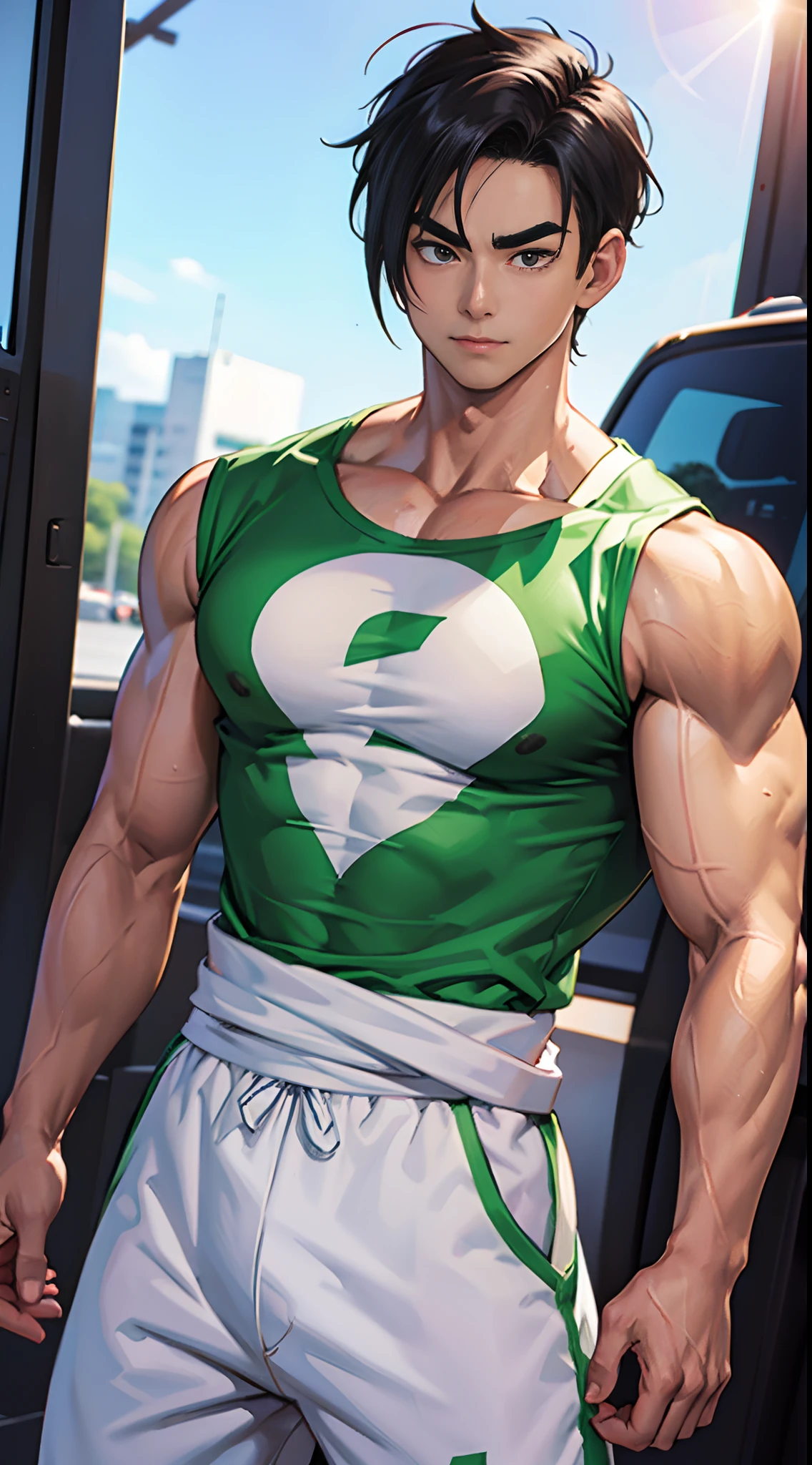 Gohan Muscular body , looking at the camera, right tshirt