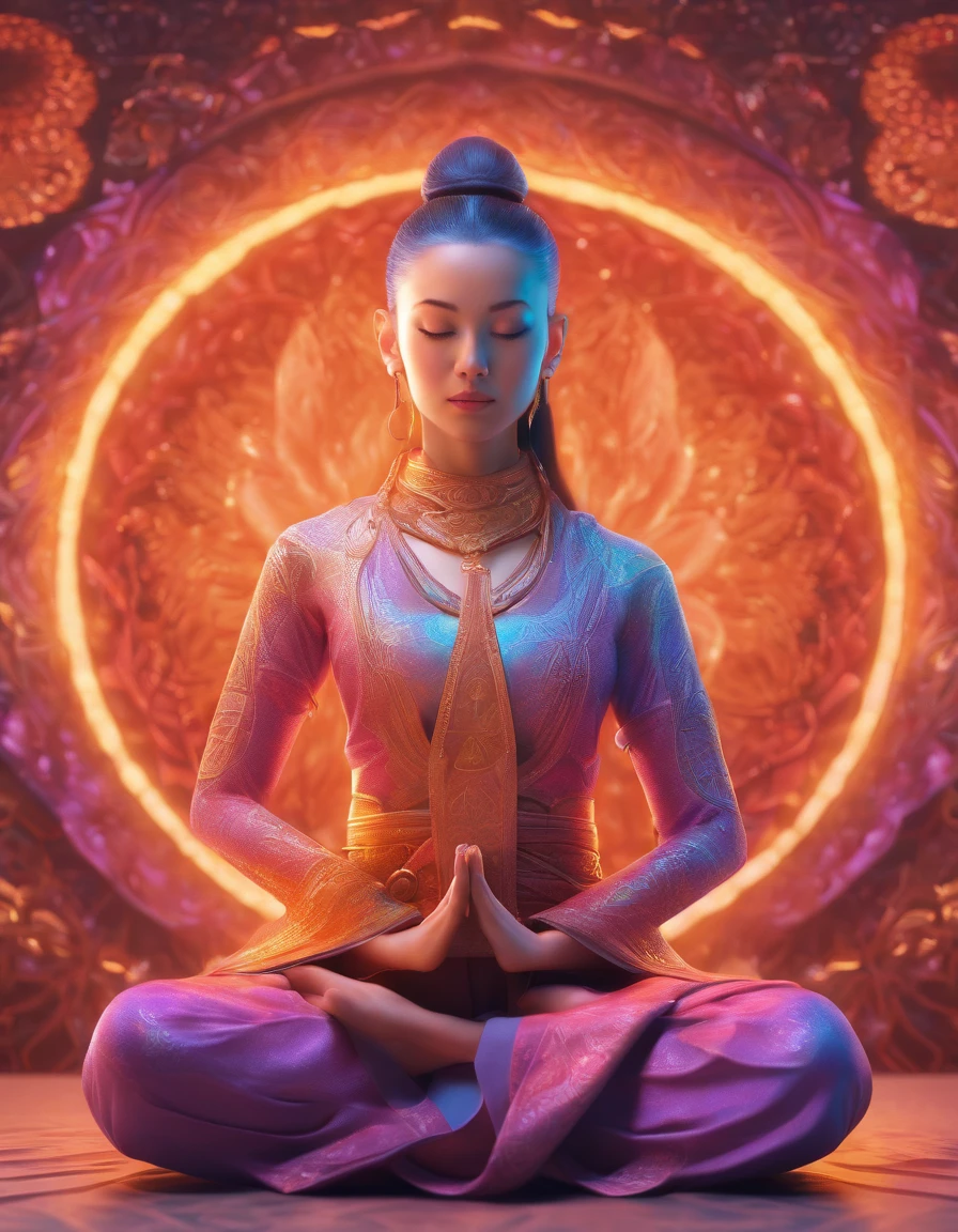 Female Monk in minimal clothing meditating in front of iridescent aura background, Mandala style, ArtGerm, uhd image, gongbi, visual harmony, Mystical mechanism, queencore