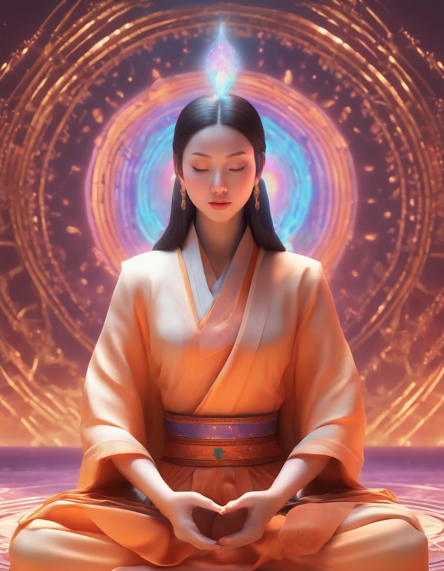 Female Monk in minimal clothing meditating in front of iridescent aura background, Mandala style, ArtGerm, uhd image, gongbi, visual harmony, Mystical mechanism, queencore