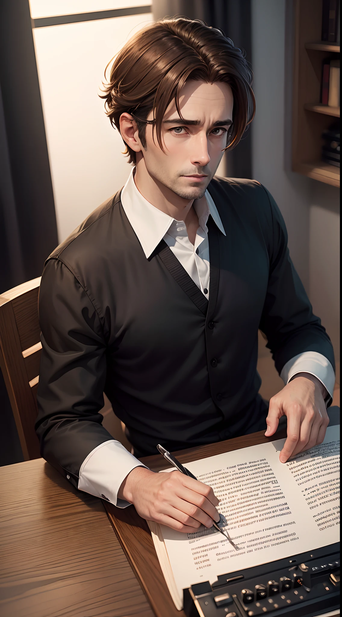 Realistic, 8k image of a 35 year old male priest, brown hair, dressed in a black white collared blouse, sitting at a table behind a typewriter, anime style art