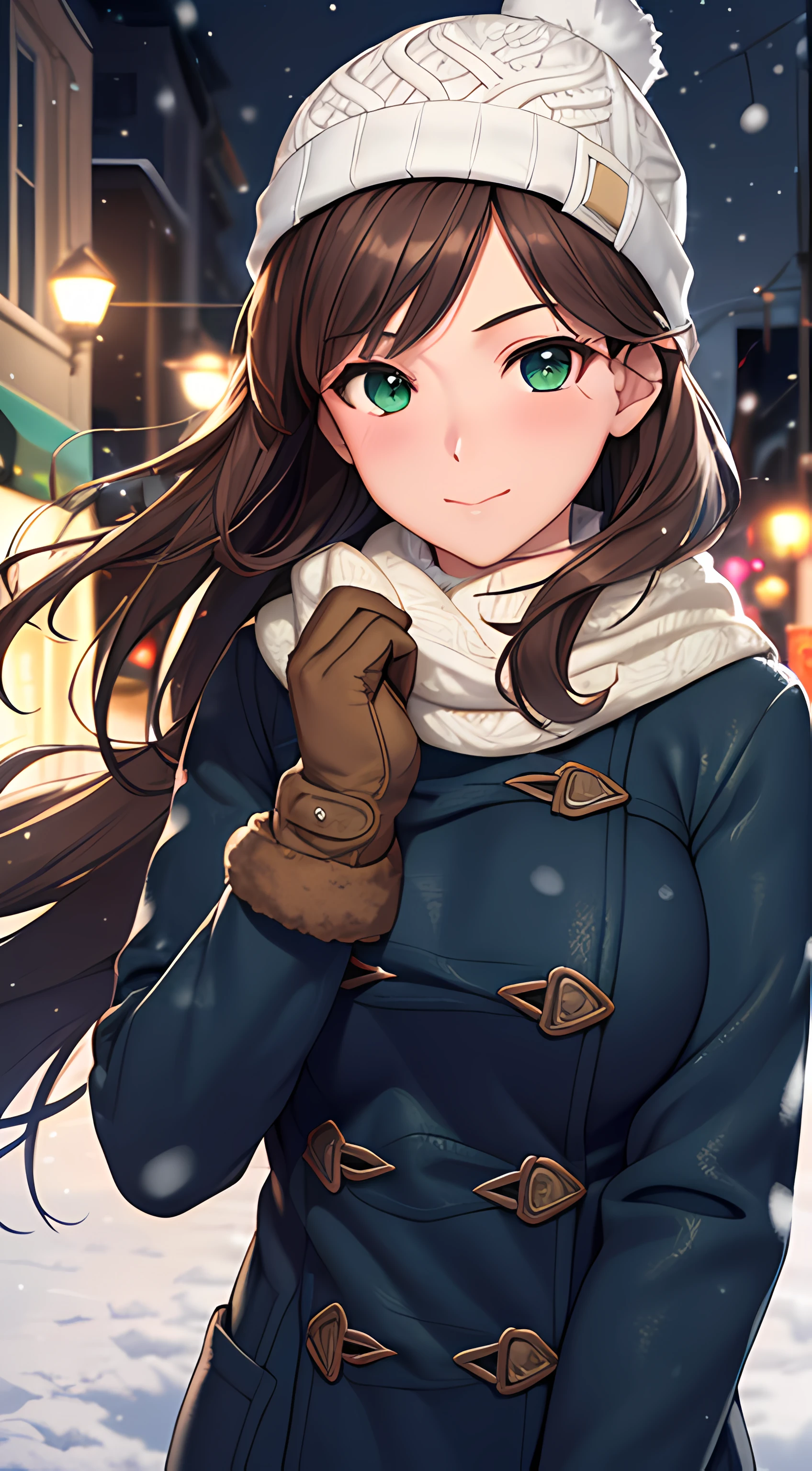 ((masterpiece, best quality, highres, UHD, perfect pixel, depth of field, 4k, RTX, HDR)), 1girl, single, solo, 24 years old, beautiful anime girl, beautiful artstyle, anime character, ((long hair, bangs, brown hair, curly hair)), (green eyes:1.4, rounded eyes, beautiful eyelashes, realistic eyes), (detailed face, blushing:1.2), (smooth texture:0.55, realistic texture:0.65, photorealistic:1.2, cinematic, anime CG style), medium breasts, perfect body, busty, (dynamic angle, pov, close up), ((winter clothes, long coats, mittens, gloves, long underwear)), night, night lamp, city lights, bokeh:1.4, (outdoor, city buildings, crowd), ((winter, snow, snow crystal, winter pine trees)), sly smile