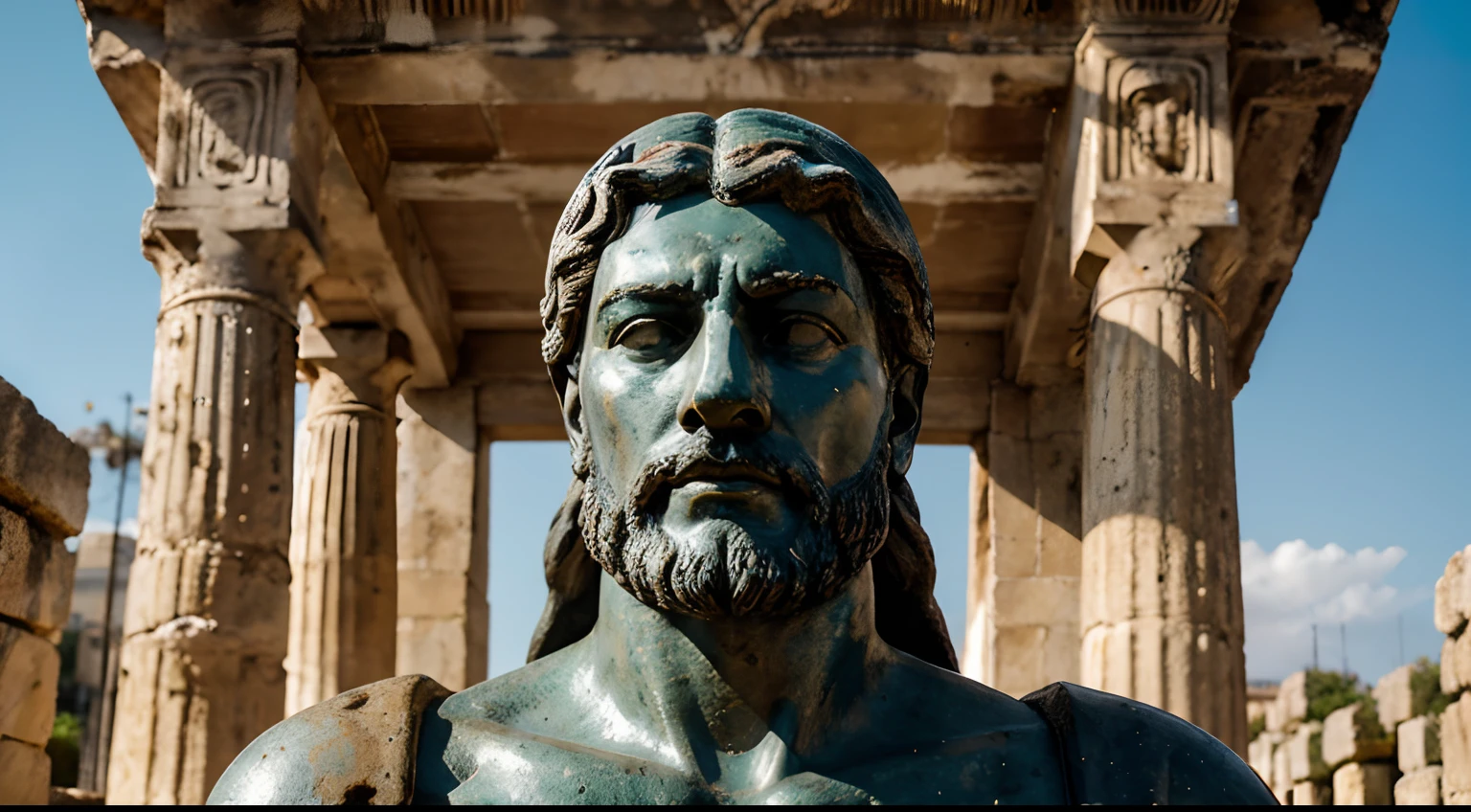 Ancient Stoic Statue With Very Angry Expression, tem barba, muitos detalhes em ambos os olhos, Outside, fundo atenas grego, open sky, com rosto extremamente detalhado full body view, Colors with low saturation with dark tone, Filmado em Sony A7S III com Sony FE 35mm f/1.8, 12.1 MP, --AR 3:2 --estilo cru