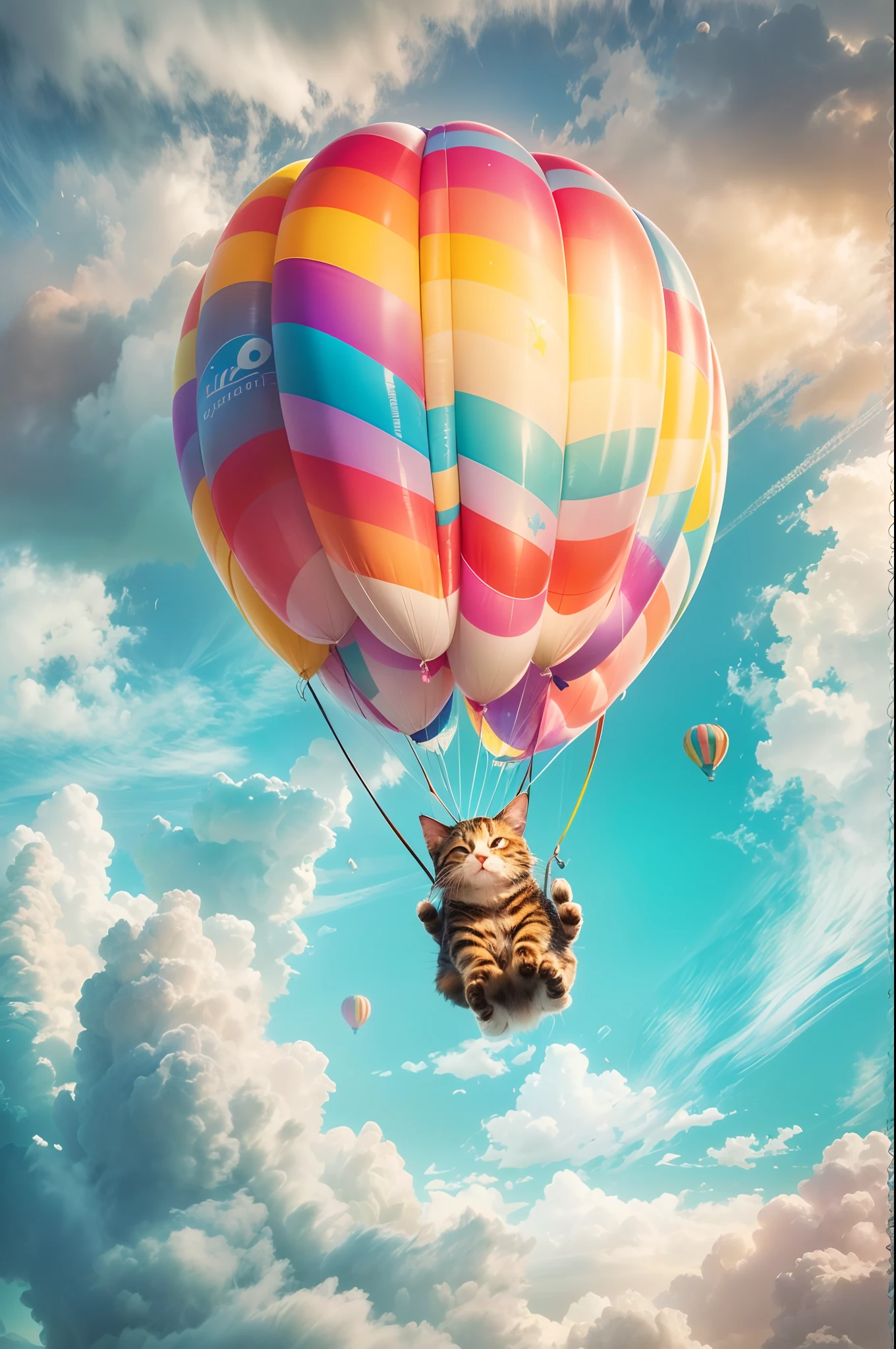(best quality,4k,highres,hdr),close shot image of one single hot air balloon shaped like a cute cat with,floating in the sky,sunshine,rainbow,colorful clouds,dreamlike scenery,bright and vibrant colors,fluffy clouds,playful and whimsical atmosphere,clear blue sky,joyful and delightful feeling,happiness and freedom.