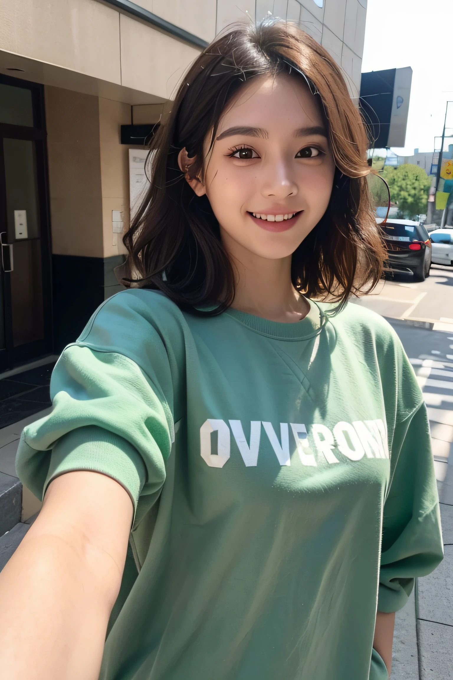 23 years old cute girl, ((upper body selfie)), (seductive smile:1.5), medium wavy hair, brown eyes, (almond eyes:1.2), straight thin eyebrows, no make up, oversize_shirt, (green oversize sweatshirt:1.2), at street, (photorealistic:1.2), (very detailed), ((masterpiece)),