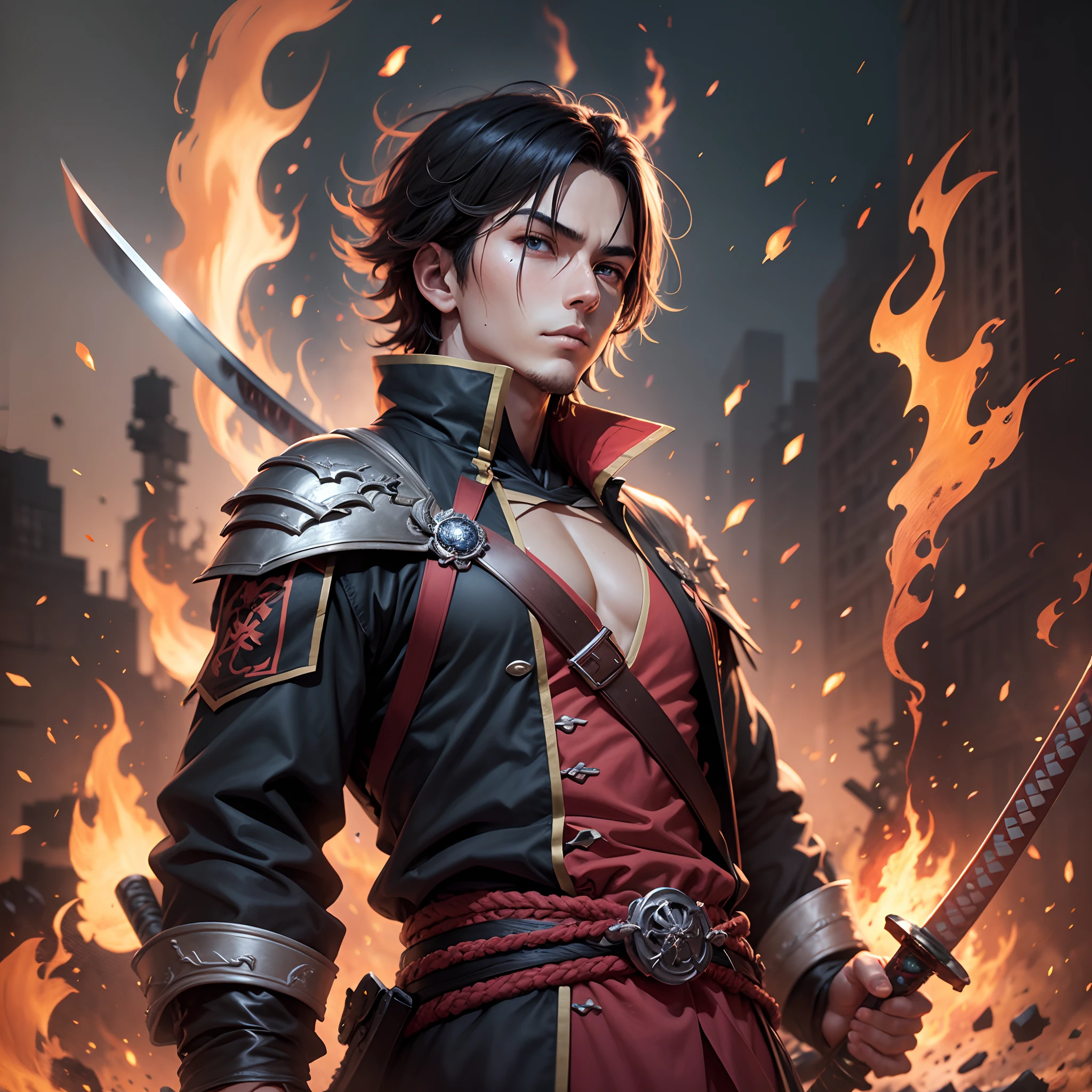 un jeune homme portant un katana de feu, The set is ravaged by flames, Anime style --auto --s2