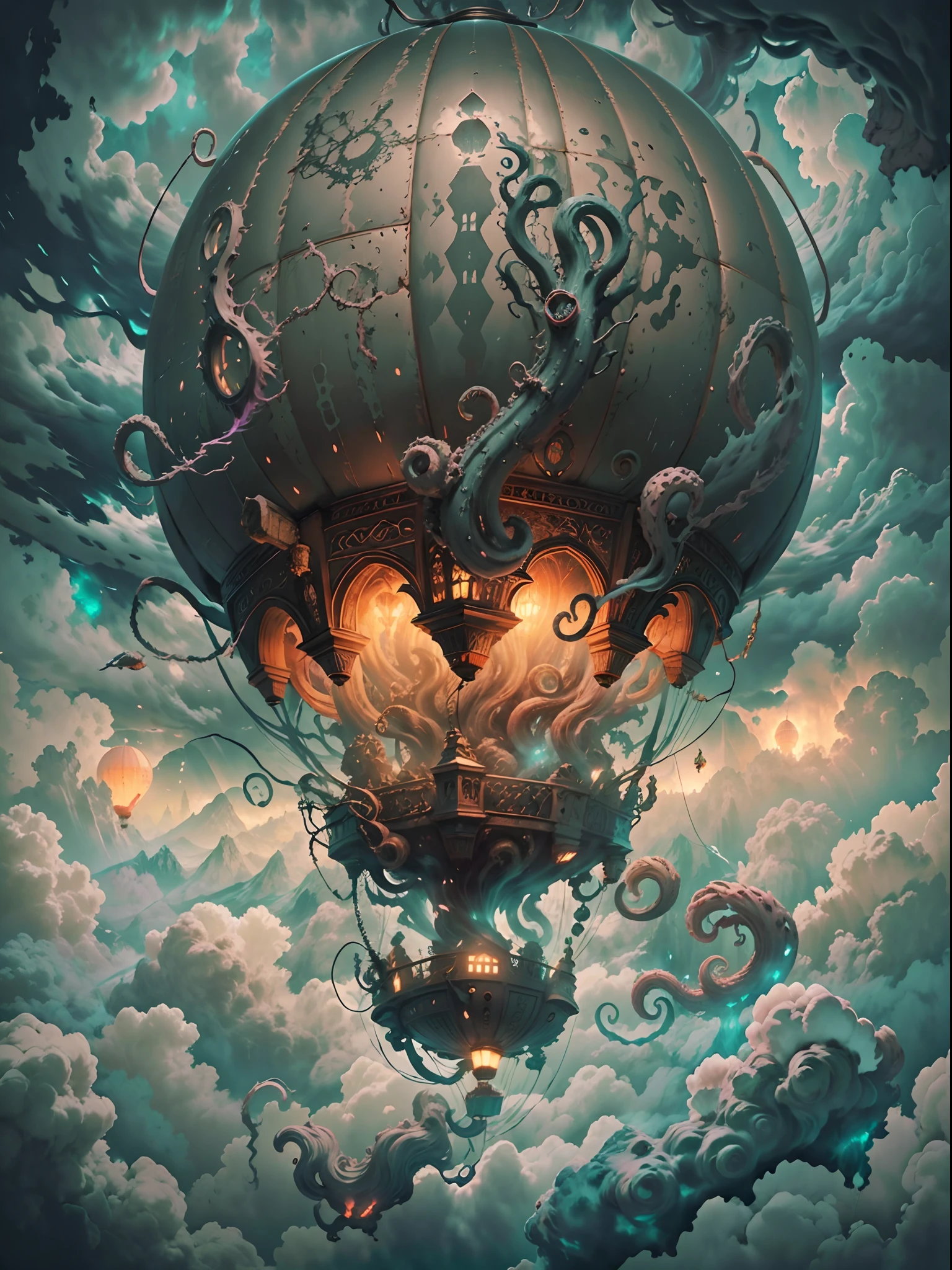 a hot air balloon flying above clouds,hp.lovecraft-inspired,ominous atmosphere,ancient and mysterious design,detailed tentacles emerging from the clouds,eerie colors and lighting,tentacles reaching towards the balloon,thick mist surrounding the balloon,multiple layers of clouds,realistic and detailed rendering,ethereal and otherworldly feel,rays of light breaking through the clouds