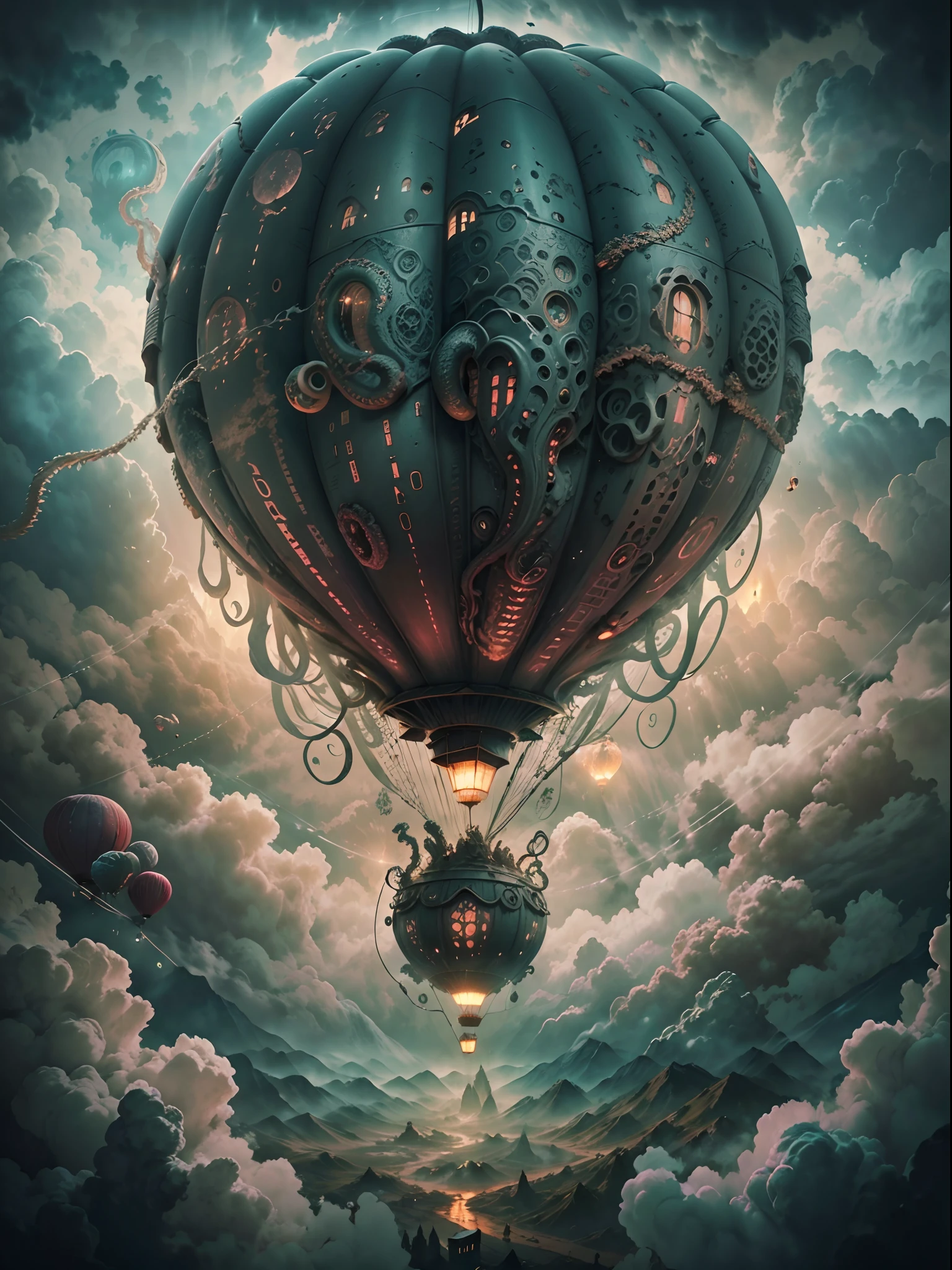 a hot air balloon flying above clouds,hp.lovecraft-inspired,ominous atmosphere,ancient and mysterious design,detailed tentacles emerging from the clouds,eerie colors and lighting,tentacles reaching towards the balloon,thick mist surrounding the balloon,multiple layers of clouds,realistic and detailed rendering,ethereal and otherworldly feel,rays of light breaking through the clouds