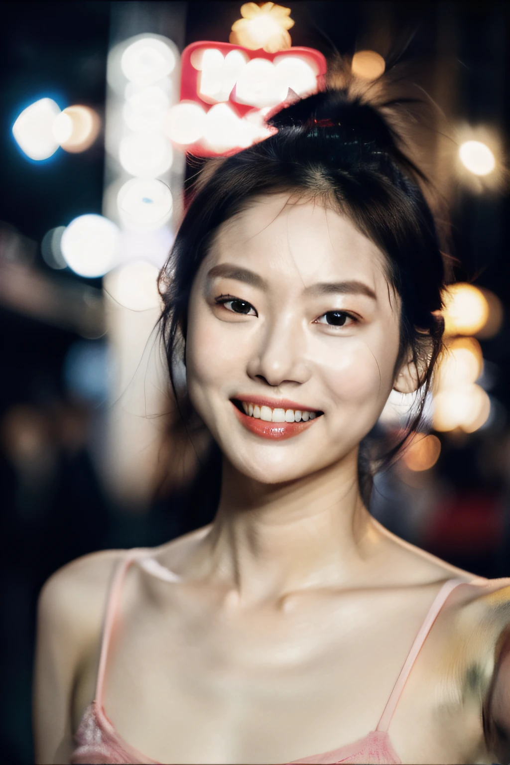 1girl, idol, model, depth of field, photo, film, face, skinny, smile, collarbone, teeth, movie, camisole, selfie, night,
