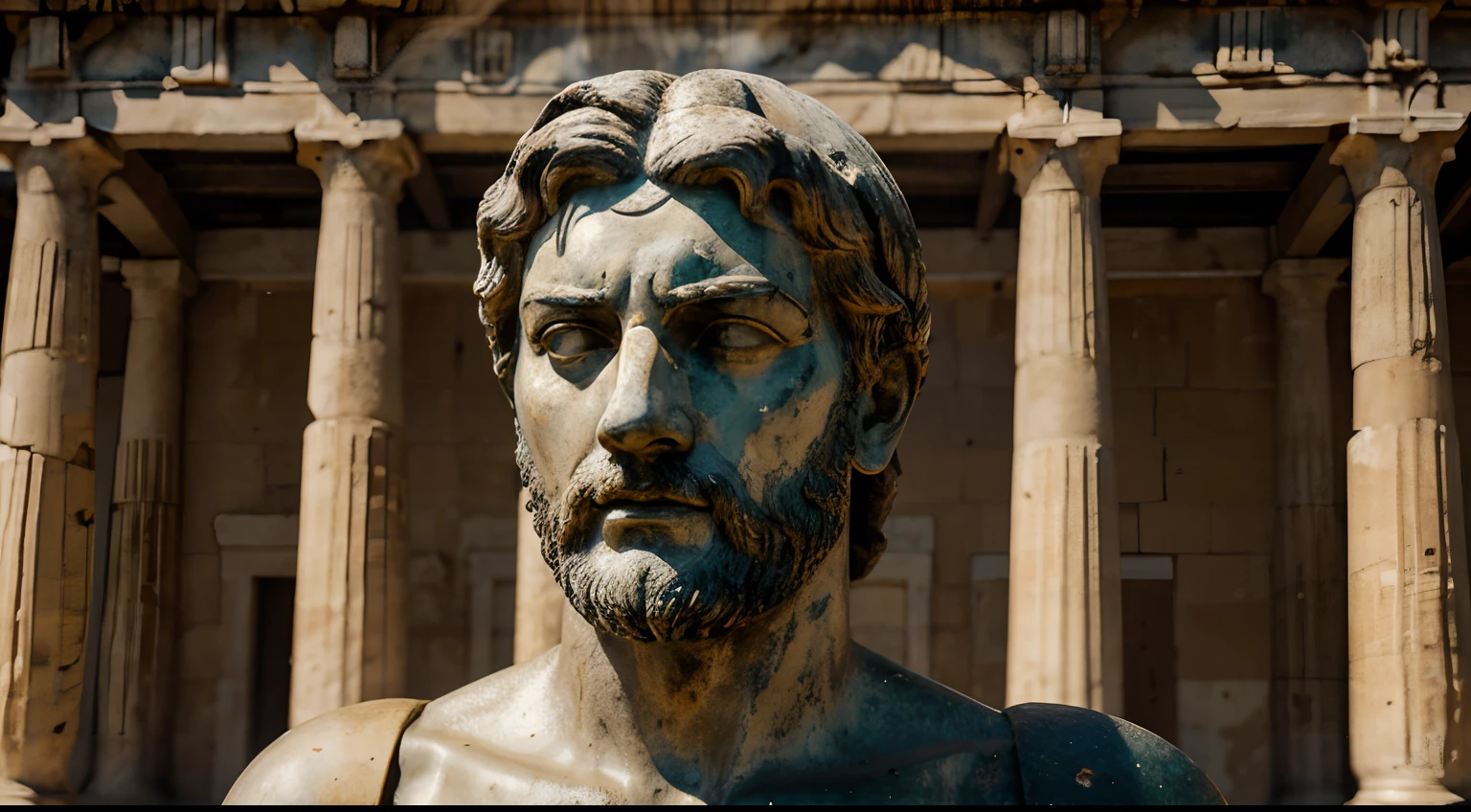 Ancient Stoic Statue With Very Angry Expression, tem barba, muitos detalhes em ambos os olhos, Outside, fundo atenas grego, open sky, com rosto extremamente detalhado full body view, Colors with low saturation with dark tone, Filmado em Sony A7S III com Sony FE 35mm f/1.8, 12.1 MP, --AR 3:2 --estilo cru