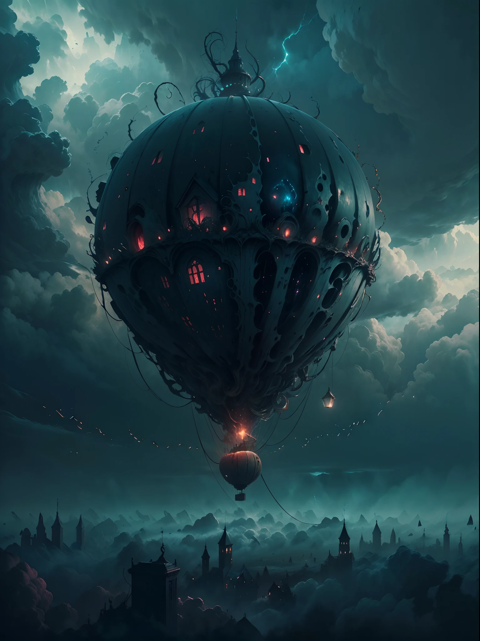 A hot air balloon flying above the clouds, HP.lovecraft style, (best quality,4k,8k,highres,masterpiece:1.2), ultra-detailed, realistic:1.37, surreal dreamlike atmosphere, eerie lighting, ominous shadows, swirling mist, gothic aesthetic, ancient cosmic horror, otherworldly beings, tentacles emerging from the clouds, eldritch symbols, mysterious artifacts, arcane light illuminating the scene, dark and brooding colors, intense contrasts, hauntingly beautiful landscape, immense scale, foreboding sense of unease.