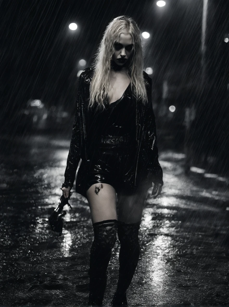 masterpiece, 1girl, rain, wet pavement, night, drunk blonde girl in black booty shorts and high heels walking down the street leaving after hours club, extreme close-up, creepshot,