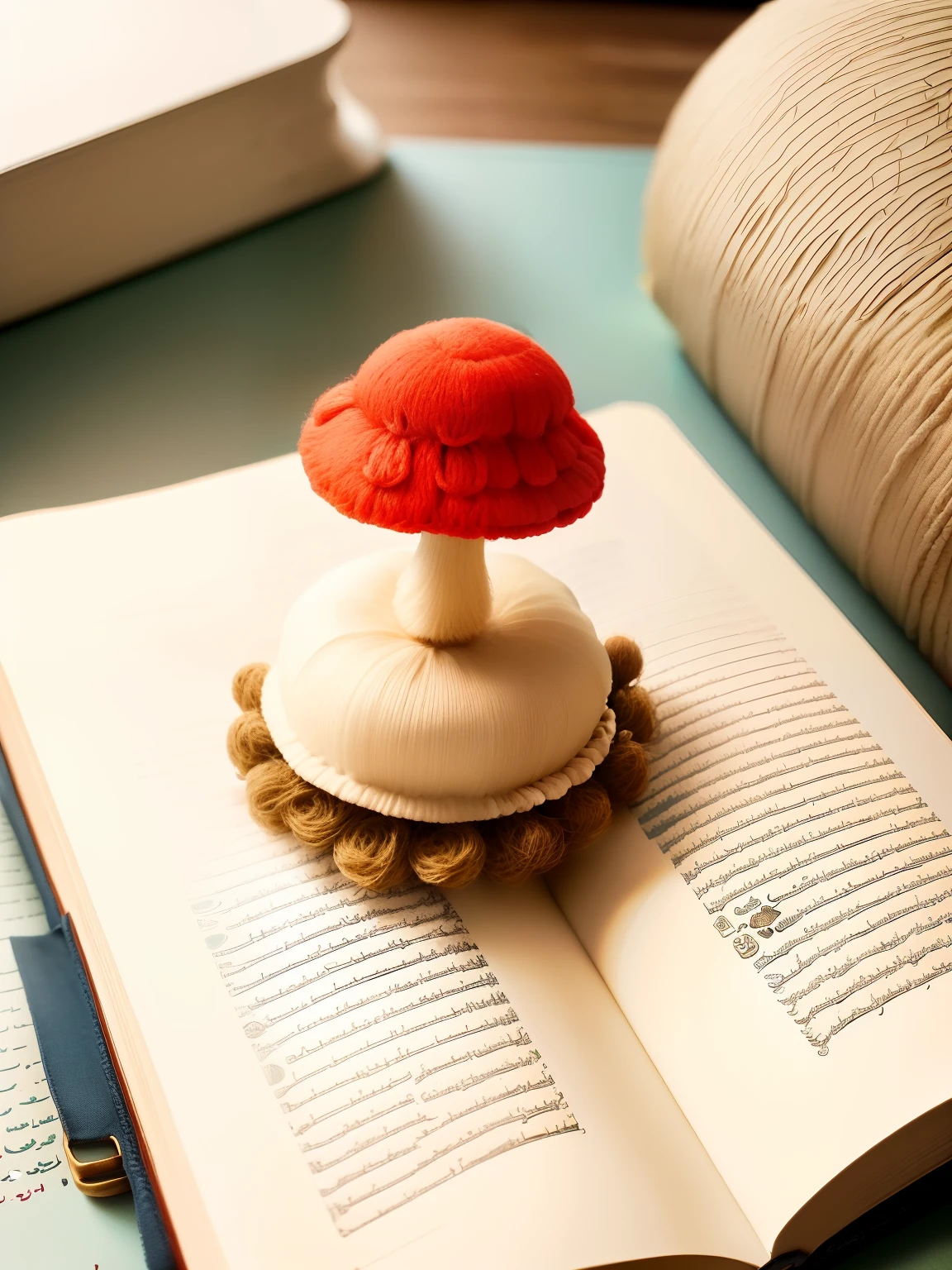 There is a mushroom-shaped bookmark sitting on a book., Adorable and whimsical, 5 and, mushroom, Made of yarn, hook :6, by ماري بايفيلد, comic style, cute, Made of mushrooms photographer with a simple phone camera