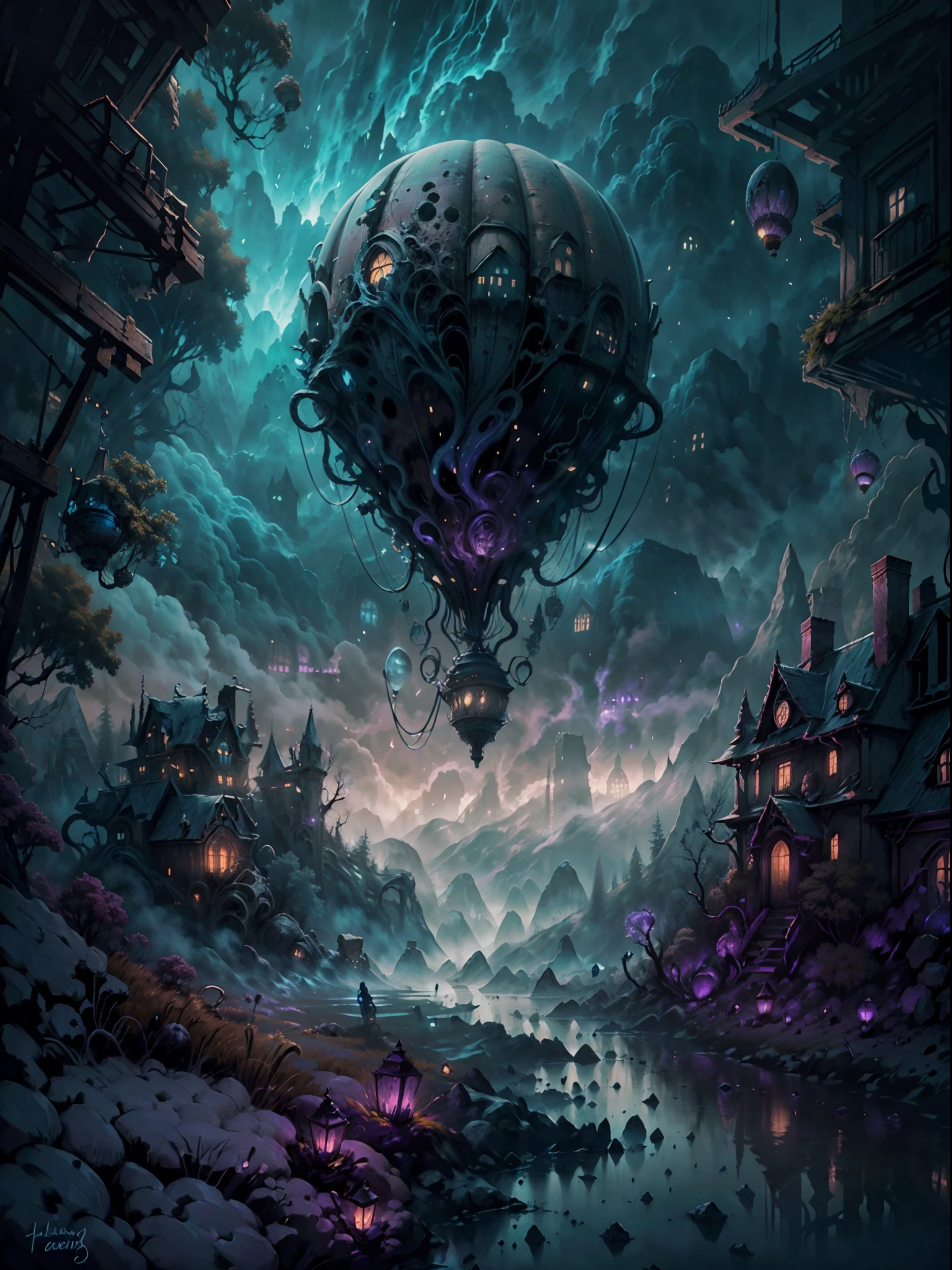 best quality,4k,8k,highres,masterpiece:1.2,ultra-detailed,realistic:1.37
hot air balloon,HP.lovecraft style,above the cloud
mysterious landscape,darkened sky,ominous atmosphere,foreboding clouds,eerie glow
ancient script on the balloon,elaborate carvings,ghastly tentacles,weird symbols
uncanny sense of scale,imposing size,otherworldly architecture,crumbling ruins
ethereal light beams,pale moonlight,subtle glow,shadows and highlights,haunting shadows
deeper hues of blue and purple,subdued color palette,occasional bursts of vibrant colors
impression of movement,wisps of fog,gently swaying trees,floating debris
isolated,desolate,forgotten,calm yet unsettling,unearthly,creepy atmosphere