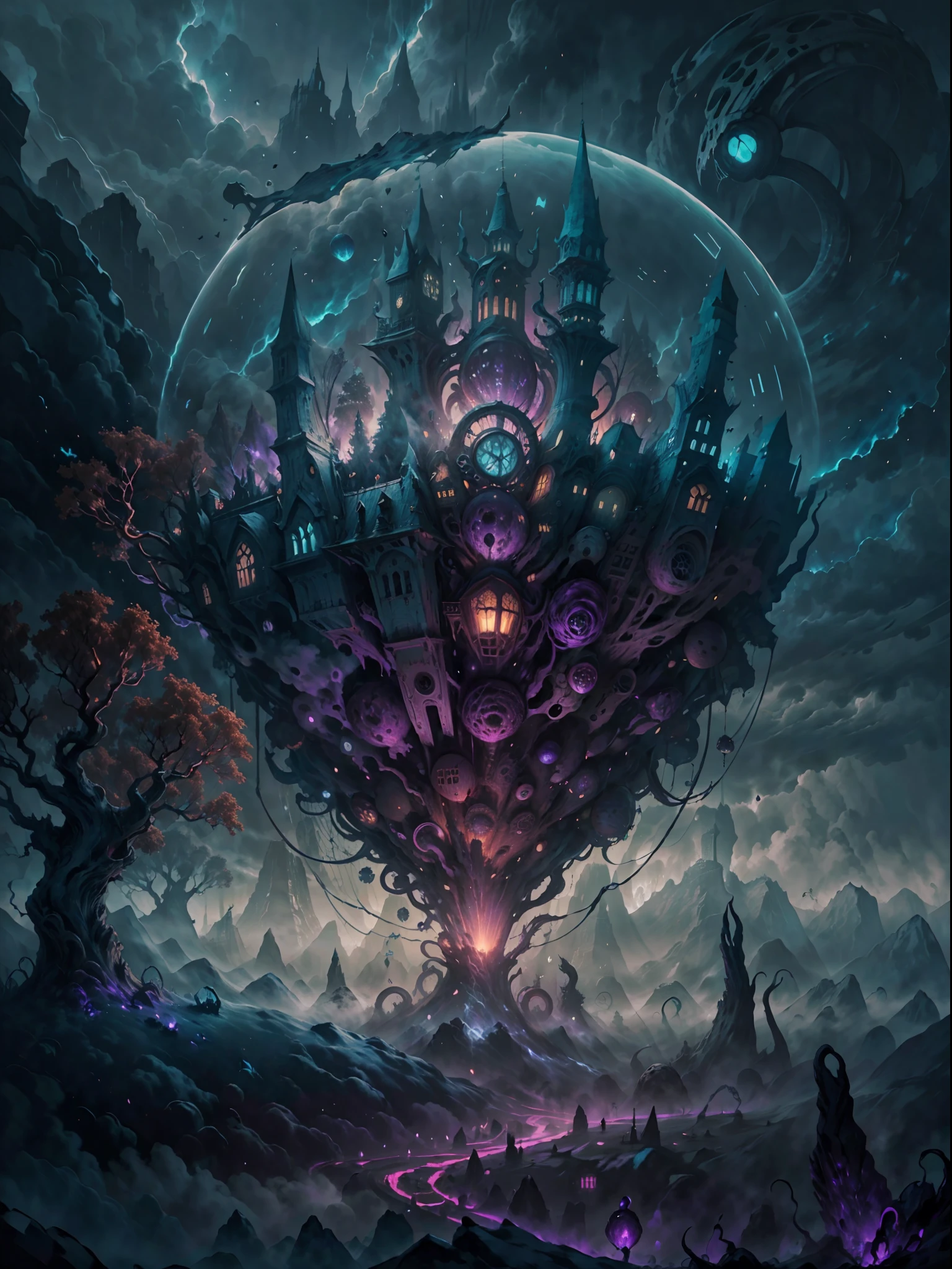 best quality,4k,8k,highres,masterpiece:1.2,ultra-detailed,realistic:1.37
hot air balloon,HP.lovecraft style,above the cloud
mysterious landscape,darkened sky,ominous atmosphere,foreboding clouds,eerie glow
ancient script on the balloon,elaborate carvings,ghastly tentacles,weird symbols
uncanny sense of scale,imposing size,otherworldly architecture,crumbling ruins
ethereal light beams,pale moonlight,subtle glow,shadows and highlights,haunting shadows
deeper hues of blue and purple,subdued color palette,occasional bursts of vibrant colors
impression of movement,wisps of fog,gently swaying trees,floating debris
isolated,desolate,forgotten,calm yet unsettling,unearthly,creepy atmosphere