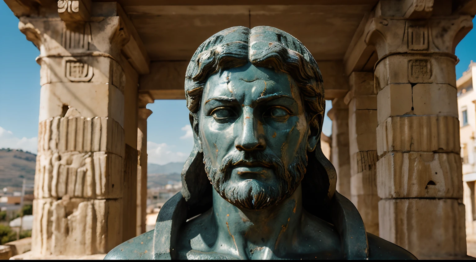 Ancient Stoic Statue With Very Angry Expression, tem barba, muitos detalhes em ambos os olhos, Outside, fundo atenas grego, open sky, com rosto extremamente detalhado full body view, Colors with low saturation with dark tone, Filmado em Sony A7S III com Sony FE 35mm f/1.8, 12.1 MP, --AR 3:2 --estilo cru