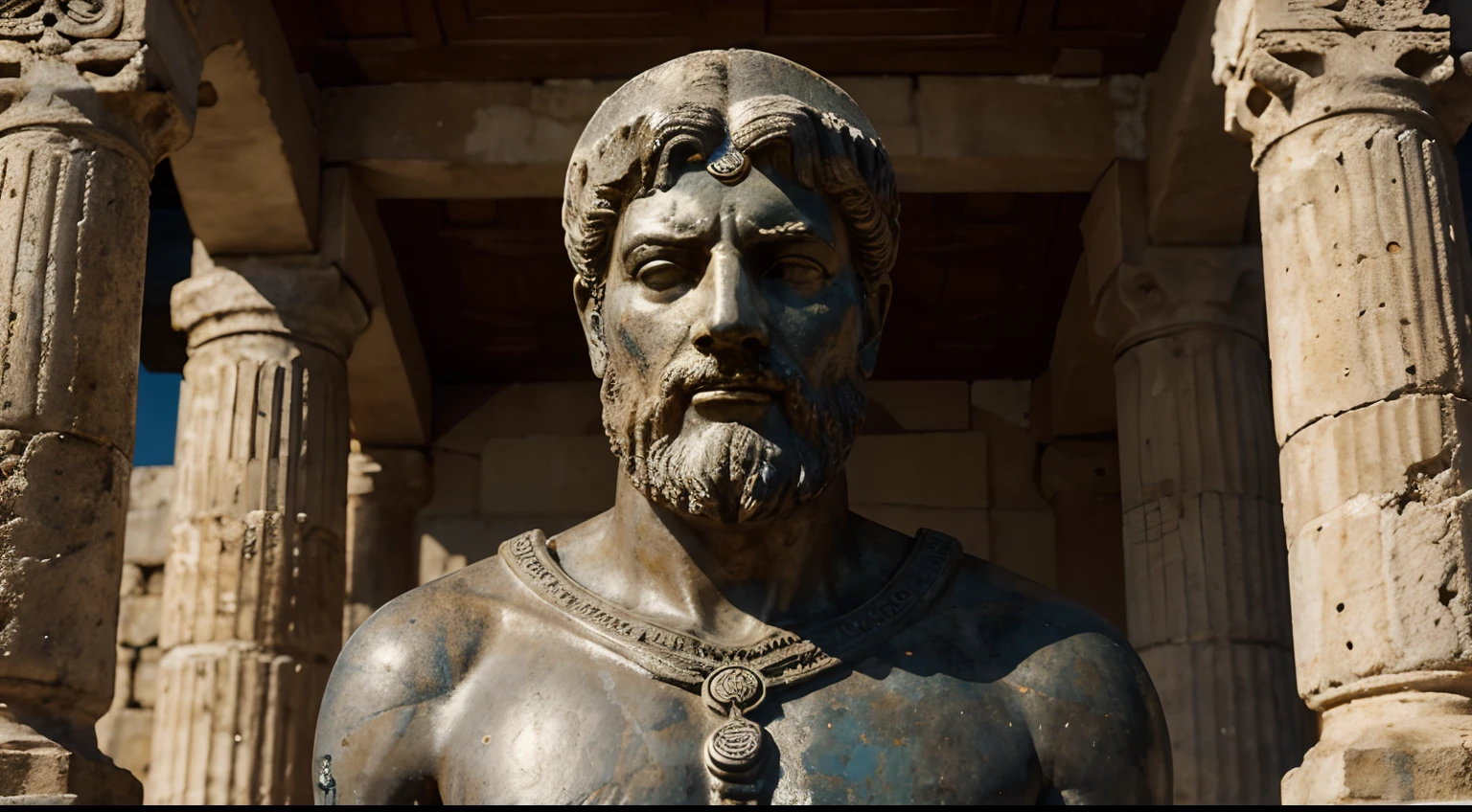 Ancient Stoic Statue With Very Angry Expression, tem barba, muitos detalhes em ambos os olhos, Outside, fundo atenas grego, open sky, com rosto extremamente detalhado full body view, Colors with low saturation with dark tone, Filmado em Sony A7S III com Sony FE 35mm f/1.8, 12.1 MP, --AR 3:2 --estilo cru