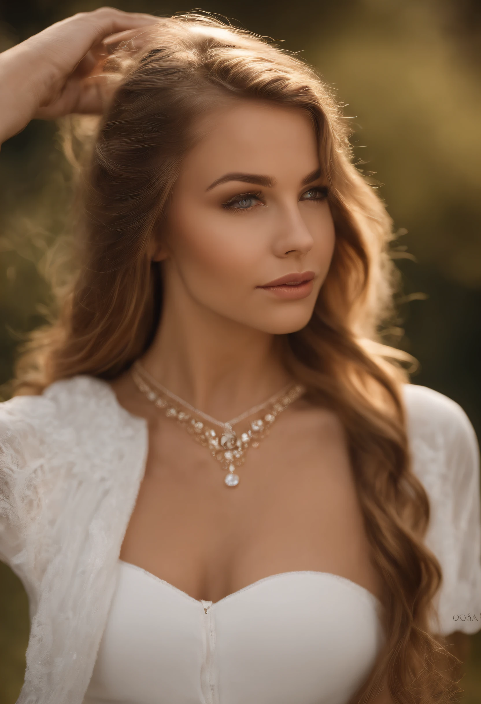 A delicate beautiful girl，goddes，Fairy air fluttering，beautiful light eyes，Charming eyes，Moisturized lips, finedetail, Detailed depiction of hair，Carefully depicted sexy body，The body is bumpy, the perfect face，（No fingers exposed）choker necklace, Infinitely close to reality，（fully body photo：1.3），Highest image quality，infinite details，8K, old money style clothing, south of france backgroud))，Healthy and well-proportioned body, Hair is light blond and voluminous, skin is tanned, supermodel gorgeos