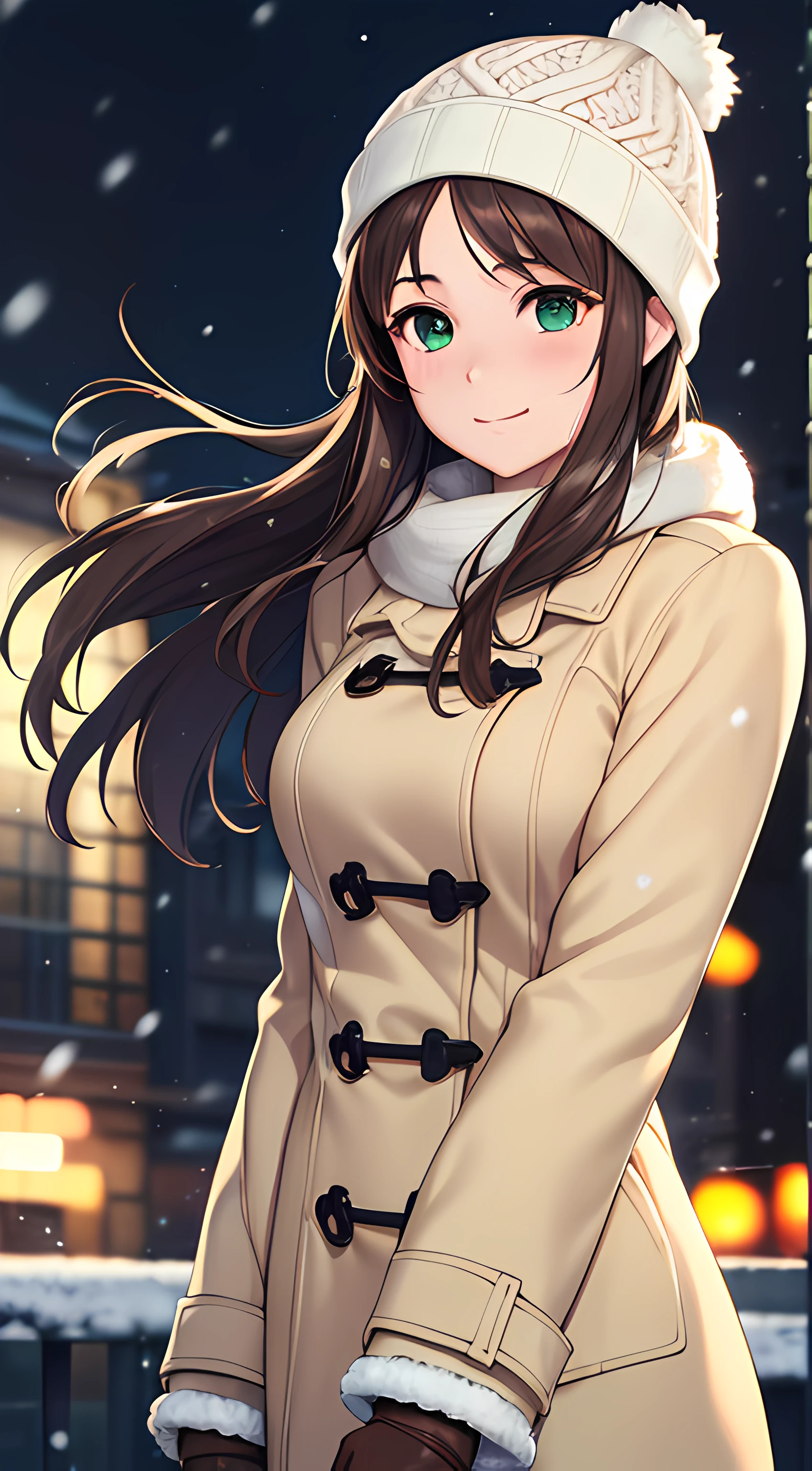 ((masterpiece, best quality, highres, UHD, perfect pixel, depth of field, 4k, RTX, HDR)), 1girl, single, solo, 24 years old, beautiful anime girl, beautiful artstyle, anime character, ((long hair, parted bangs, brown hair)), (green eyes:1.4, rounded eyes, beautiful eyelashes, realistic eyes), (detailed face, blushing:1.2), (smooth texture:0.75, realistic texture:0.65, photorealistic:1.2, cinematic, anime CG style), medium breasts, perfect body, busty, (dynamic angle, pov, close up), ((winter clothes, long coats, knit hat, mittens, gloves, long underwear)), night, city lights, bokeh:1.4, (outdoor, city buildings, crowd), ((winter, snowfall:1.8, the wind blows)), sly smile, graceful, prestigious, glorious, elegant