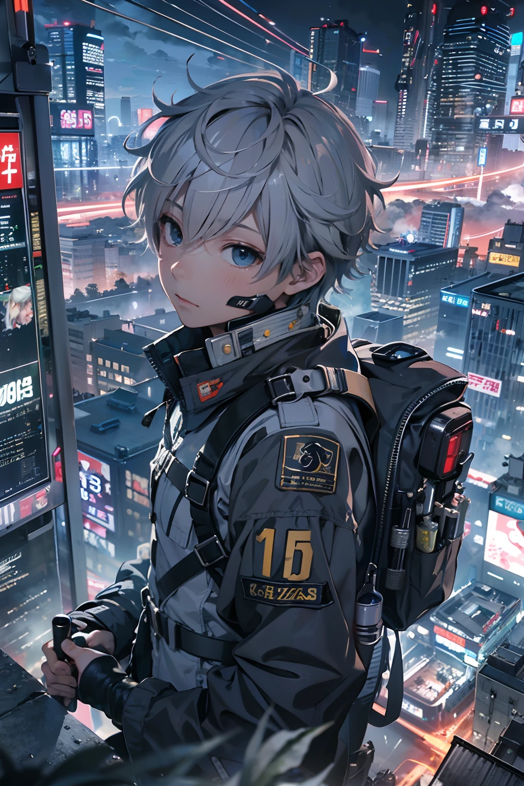 1boy,(15 years old boy:1.5)、Anime-style protagonist、Cyberpunk Boy、silber hair、Spiky hairstyle、machine gun、Japan sword on the back、Whole body bloody、Looking at the camera、Upper body only shots、Overhead view of the composition、The beginning of the adventure、Lots of clouds,heavy fog、Moon,Lightning、Chaotic city of the future、Movie dystopia、A group of very tall skyscrapers stands in the center、Very complex cityscape,Crowded Chinese skyscrapers、Tall radio tower、Trees、street signs、streetlights、taxis、buses、Train、Warm lighting,Dark road、puddles、Chaotic、Beautiful and fantastic scenery、Cinematic scenery、hightquality、masutepiece,in 8K、hight resolution、