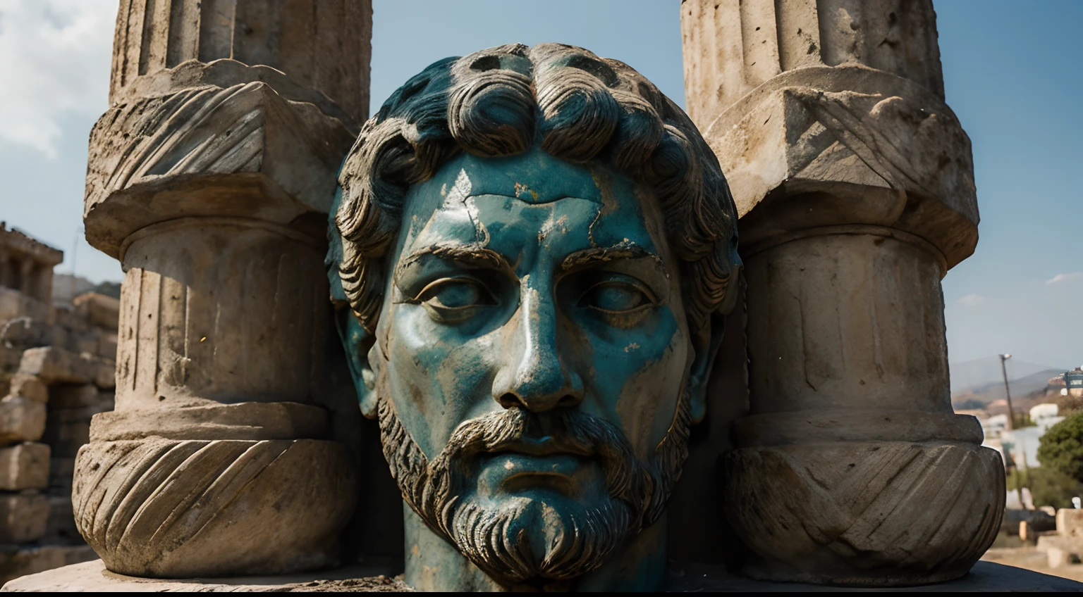 Ancient Stoic Statue With Very Angry Expression, tem barba, muitos detalhes em ambos os olhos, Outside, fundo atenas grego, open sky, com rosto extremamente detalhado full body view, Colors with low saturation with dark tone, Filmado em Sony A7S III com Sony FE 35mm f/1.8, 12.1 MP, --AR 3:2 --estilo cru