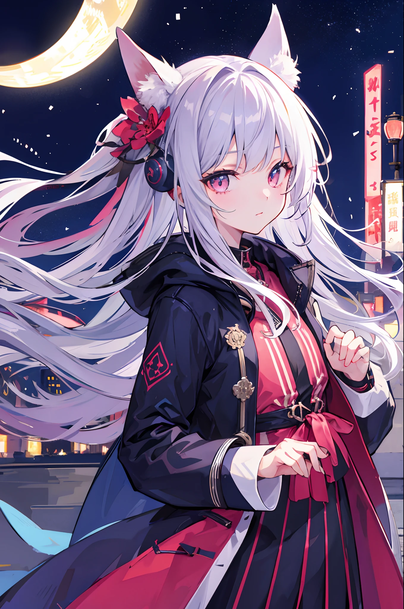 1girl in、Night city、Sateen、coat、hands in the pocket、TOKYOcty、