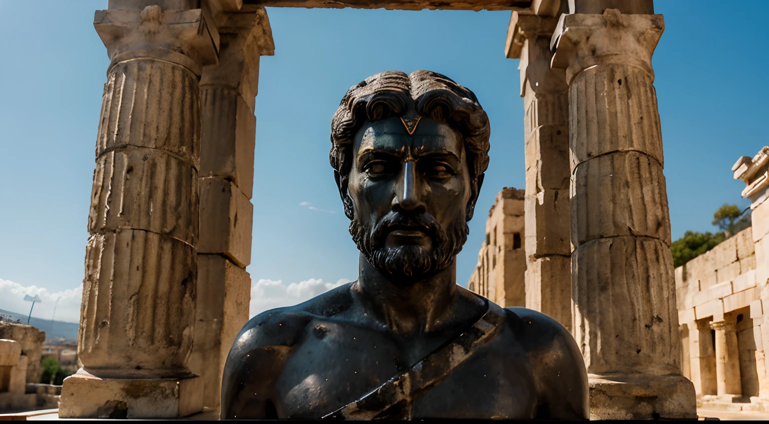Ancient Stoic Statue With Very Angry Expression, tem barba, muitos detalhes em ambos os olhos, Outside, fundo atenas grego, open sky, com rosto extremamente detalhado full body view, Colors with low saturation with dark tone, Filmado em Sony A7S III com Sony FE 35mm f/1.8, 12.1 MP, --AR 3:2 --estilo cru
