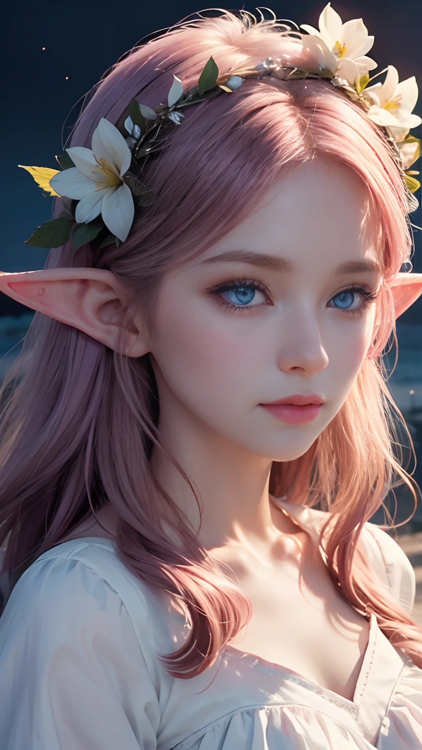 Woman, fair skin, white girl, pink lips, blue eyes, innocent face, cute, beautiful, elf, flower crown, white clothes, night, darkness, glowing face, side look, closeup, ultra HD
