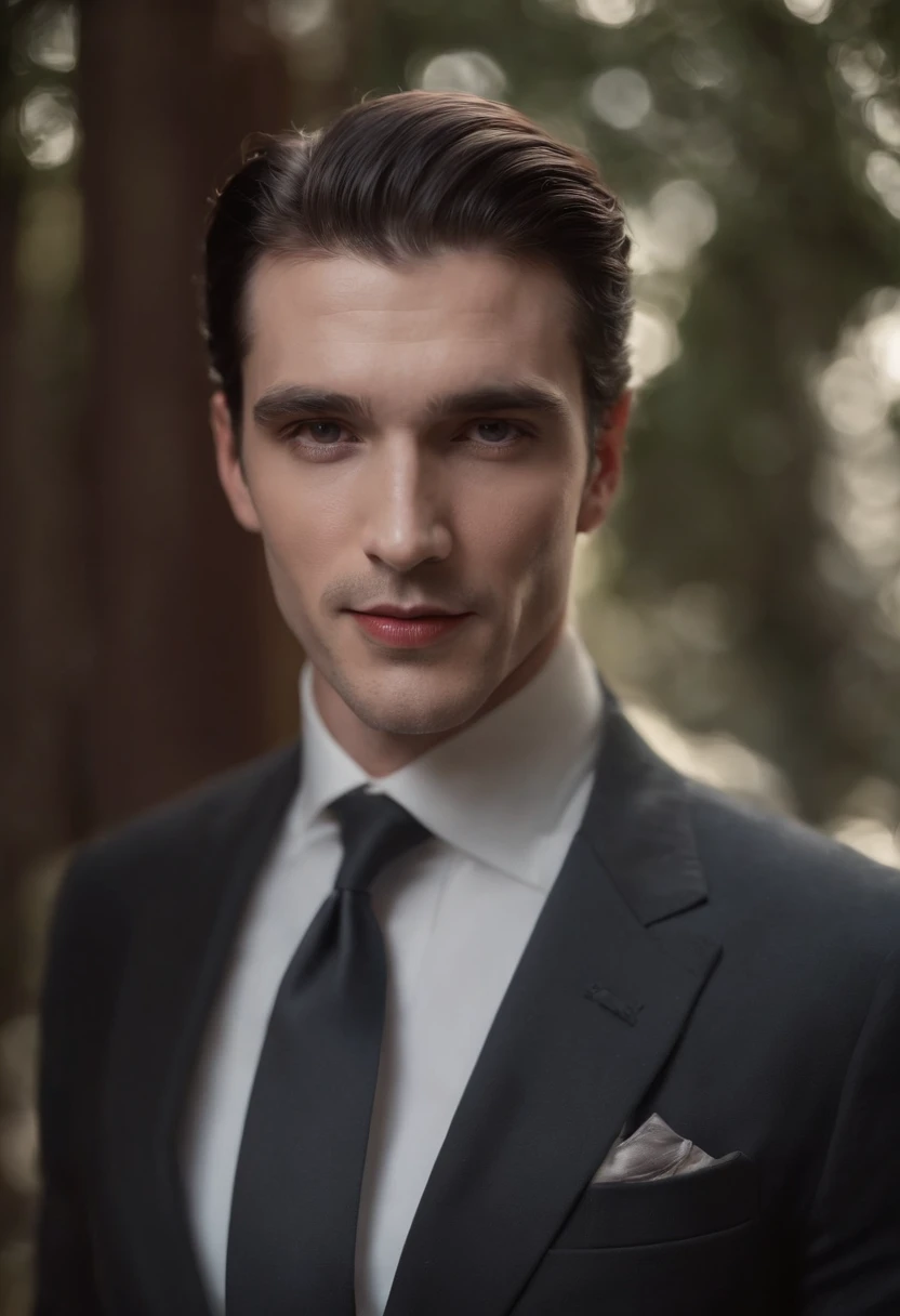 "(melhor qualidade,alto:1.2),Create a Dracula with long, cabelos cheios, Foto posada, ar sombrio, Dentes de vampiro afiados com uma gota de sangue escorrendo de sua boca, Blazer masculino aberto,corpo em forma