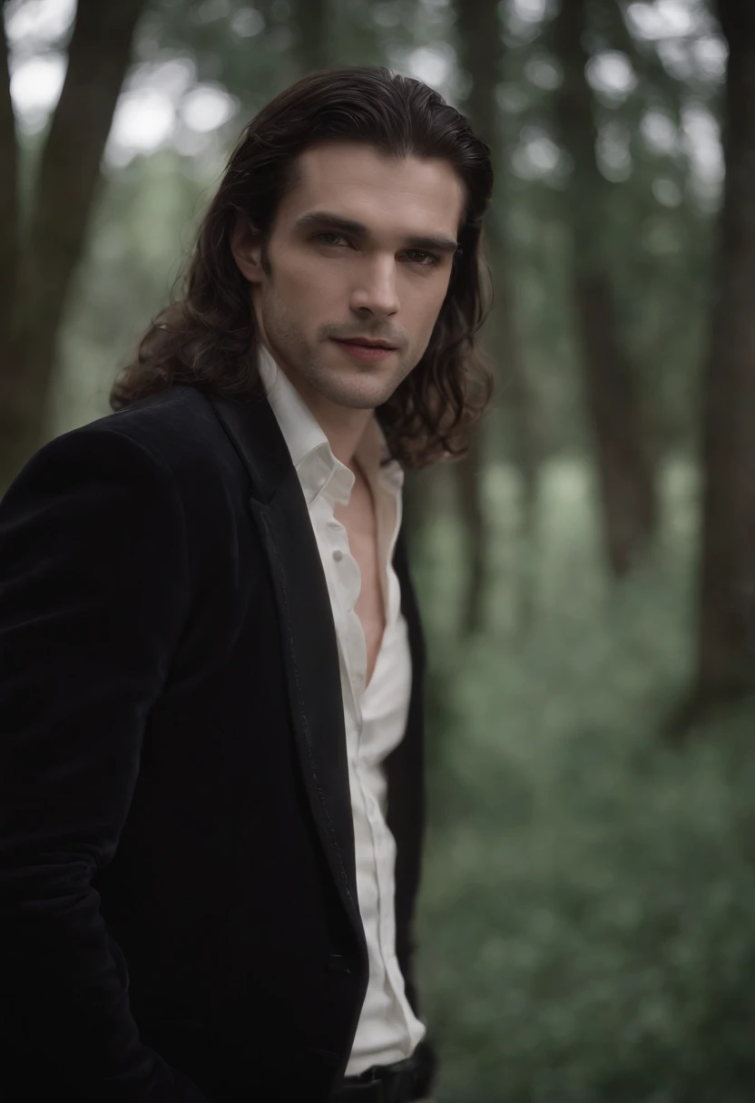 "(melhor qualidade,alto:1.2),Create a Dracula with long, cabelos cheios, Foto posada, ar sombrio, Dentes de vampiro afiados com uma gota de sangue escorrendo de sua boca, Blazer masculino aberto,corpo em forma