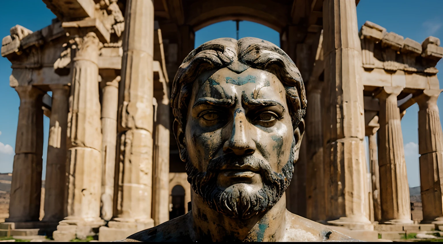 Ancient Stoic Statue With Very Angry Expression, tem barba, muitos detalhes em ambos os olhos, Outside, fundo atenas grego, open sky, com rosto extremamente detalhado full body view, Colors with low saturation with dark tone, Filmado em Sony A7S III com Sony FE 35mm f/1.8, 12.1 MP, --AR 3:2 --estilo cru