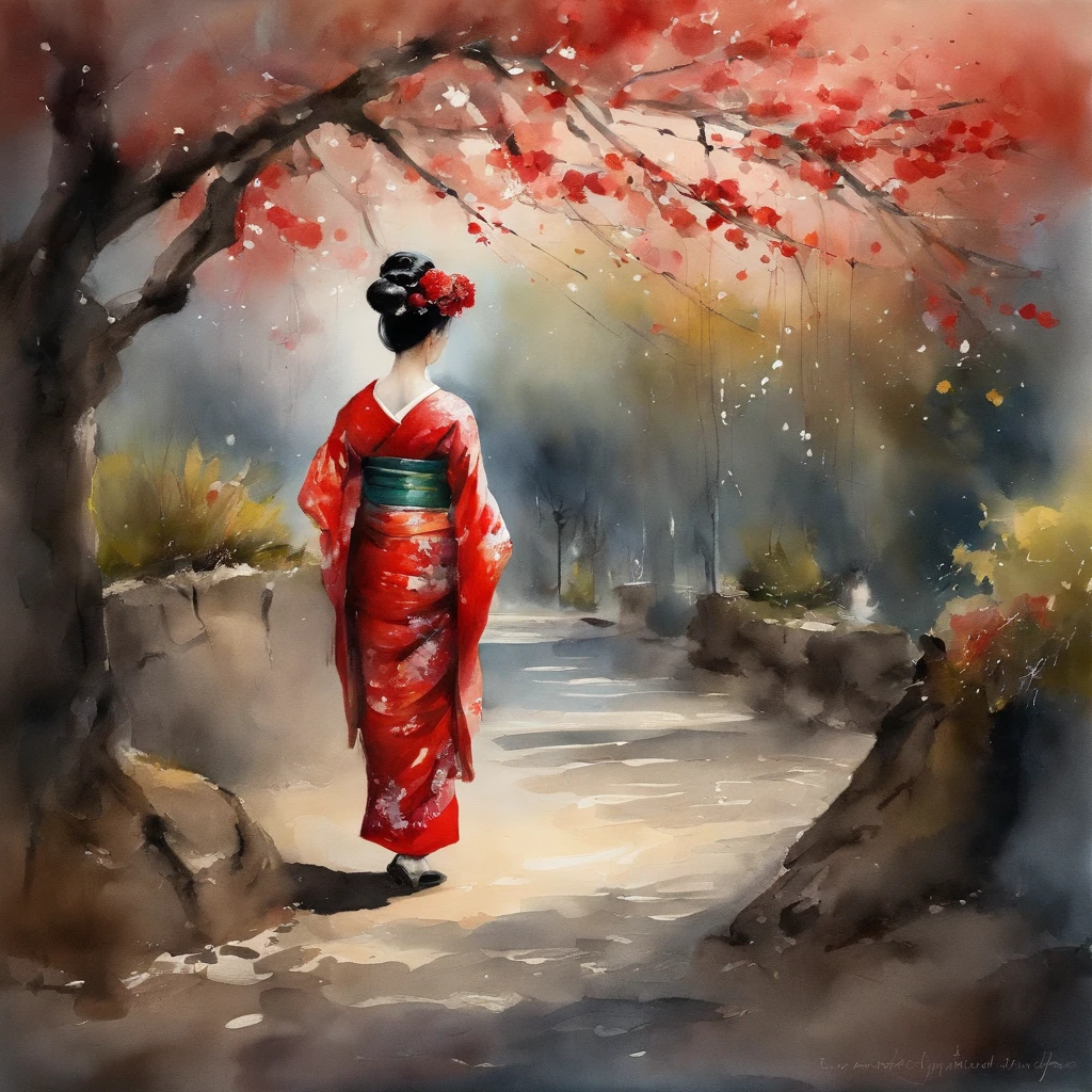 Maiko in bright kimono resting under a cherry tree、gentle face、a smile、Old Japanese style cinematic, low angle photo, Motion Blur, depth of fields, Dust, Cobblestones and soil. Splash Art, Drip paint. Perfect color grading. Influence of Karel Appel and Jeremy Mann, Lots of dramatic and threatening scenes, ultra-detailliert, Beautiful, insanely detaileda, Intricate details, Editorial Photography, Shot with a 50mm lens, depth of fields, Tilt Blur, Shutter Speed 1/1000, F/22. Lightmaps, Super bright