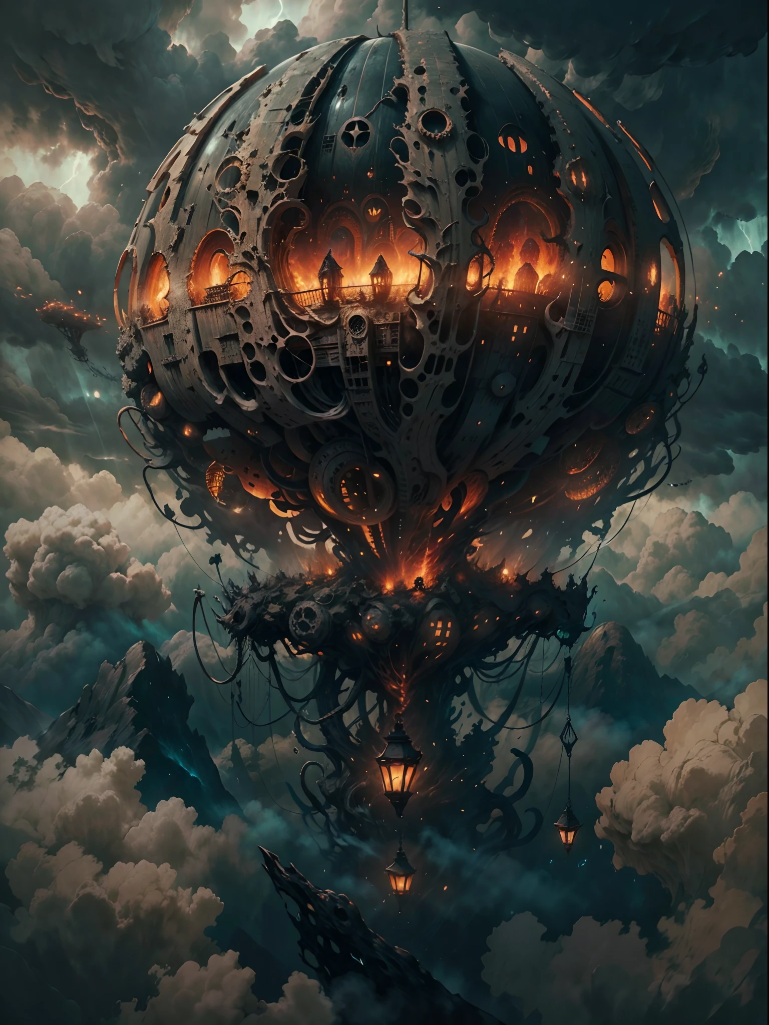 Close shot of a A hot air balloon flying above the clouds, glowing with otherworld energy,HP.lovecraft style, (best quality,4k,8k,highres,masterpiece:1.2), ultra-detailed, realistic:1.37, surreal dreamlike atmosphere, eerie lighting, ominous shadows, swirling mist, gothic aesthetic, ancient cosmic horror, otherworldly beings, tentacles emerging from the clouds, eldritch symbols, mysterious artifacts, arcane light illuminating the scene, dark and brooding colors, intense contrasts, hauntingly beautiful landscape, immense scale, foreboding sense of unease.